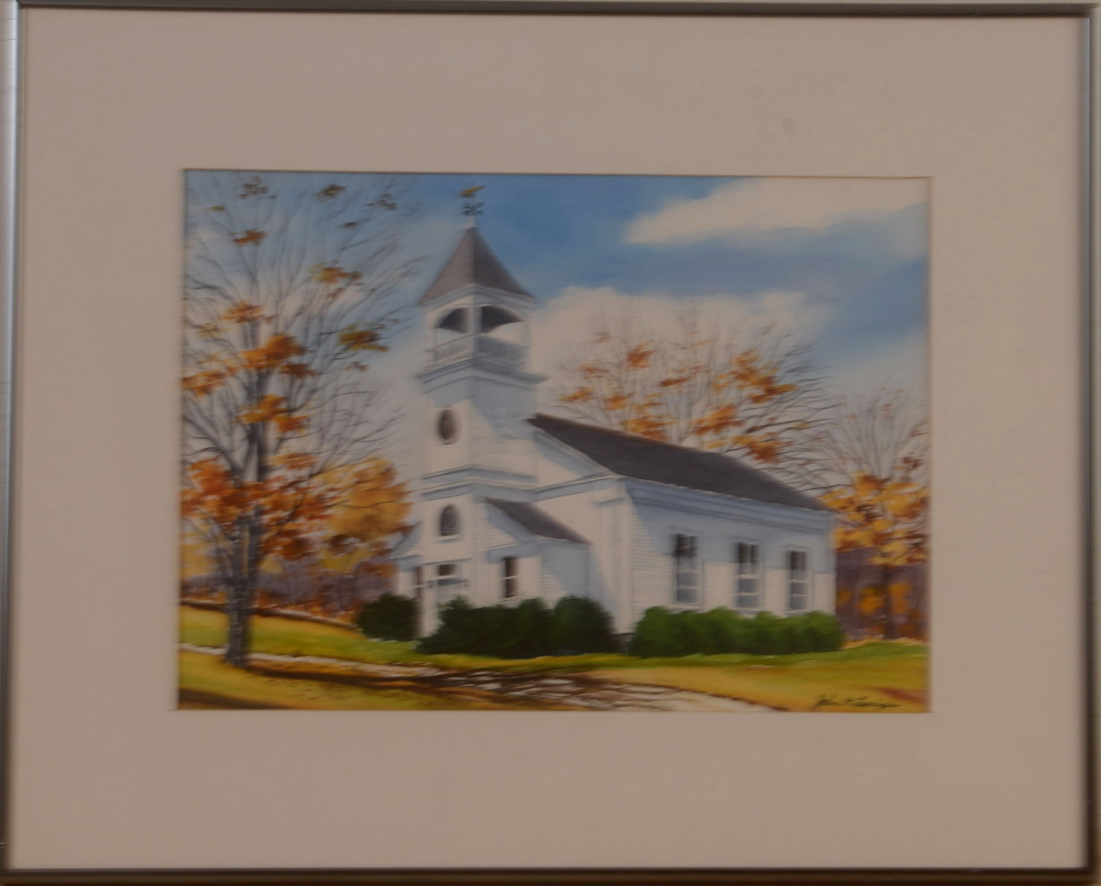 John H. Lundgren (20th C Maine) Church Coopers Mill, Maine.: Signed LL. Watercolor on paper, 10 x 14 inches, sight. Framed, 16 1/4 x 20 1/4 inches.