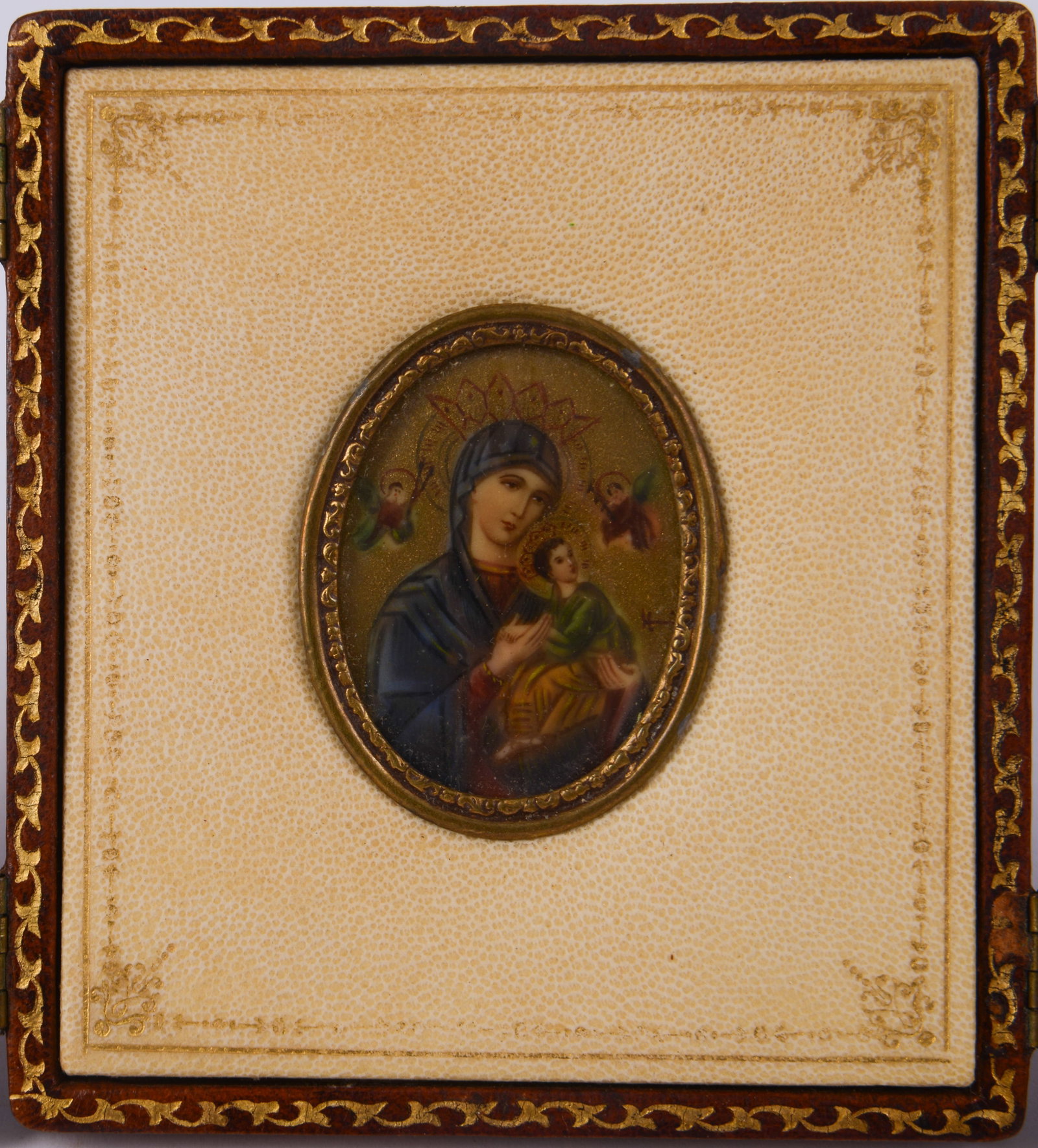 Italian Cased Miniature With Madonna and Child.: Overall 4 x 3.25 inches.