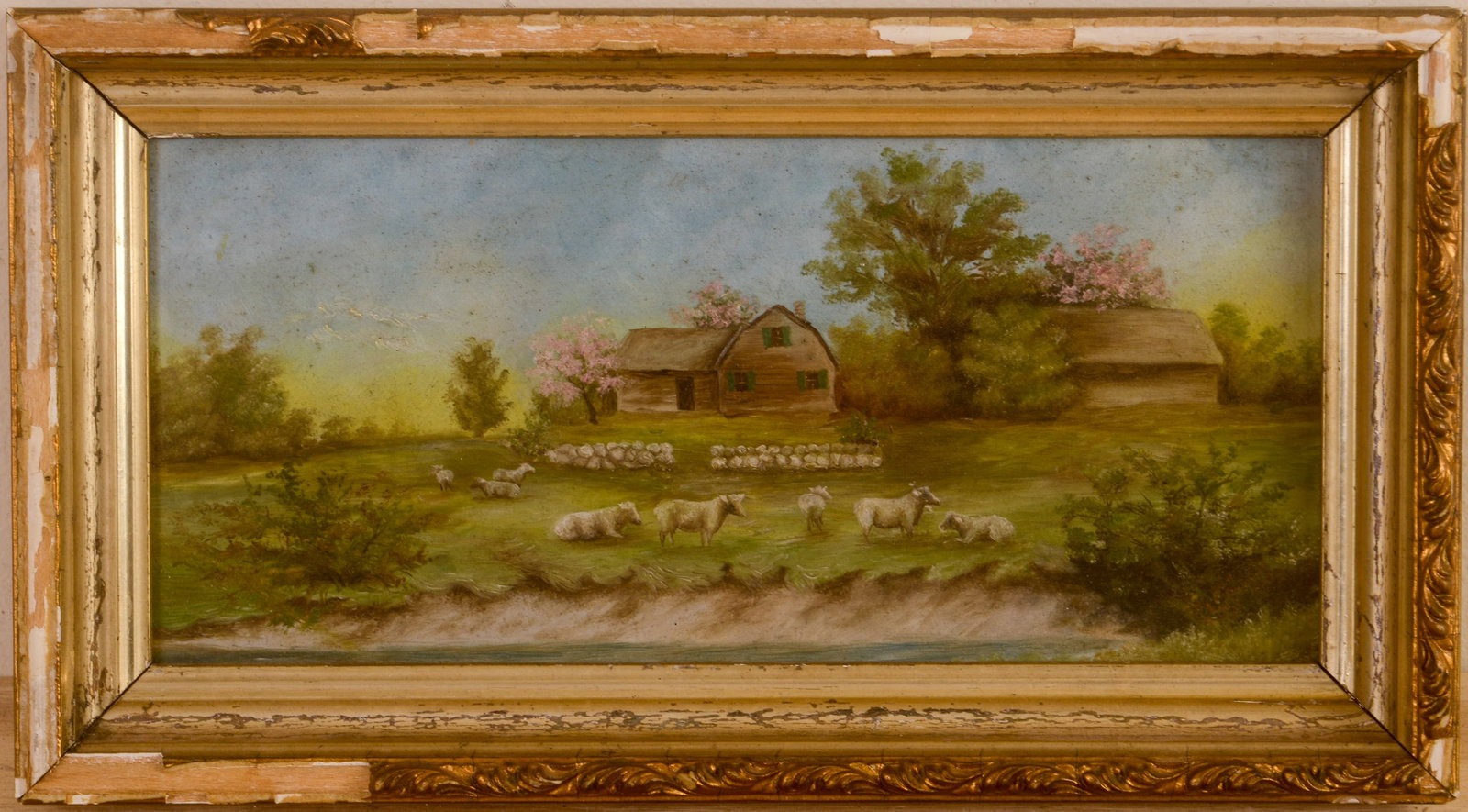 19th Century Farmhouse Painting.: Oil on board, 5 x 10 inches. Some losses to frame.