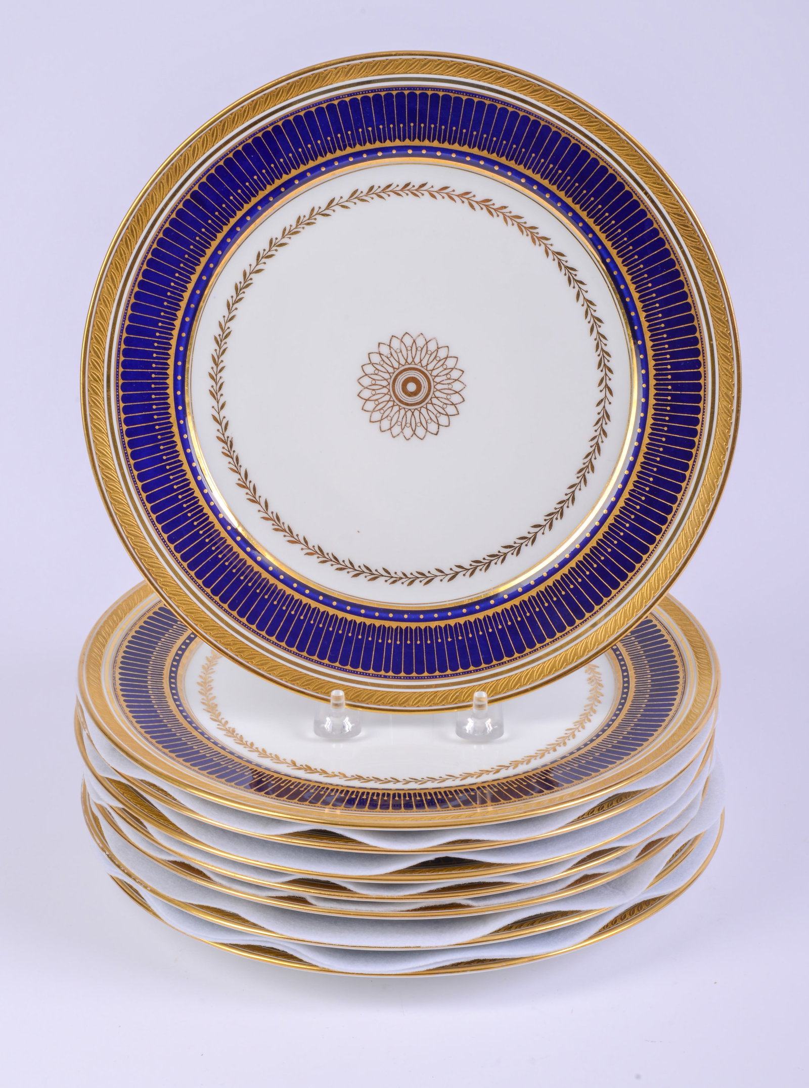 Cauldon England Porcelain Set of 8 Dinner Plates: Cobalt and gold design. Dinner plate diameter 10.25. Some rim gold loss.