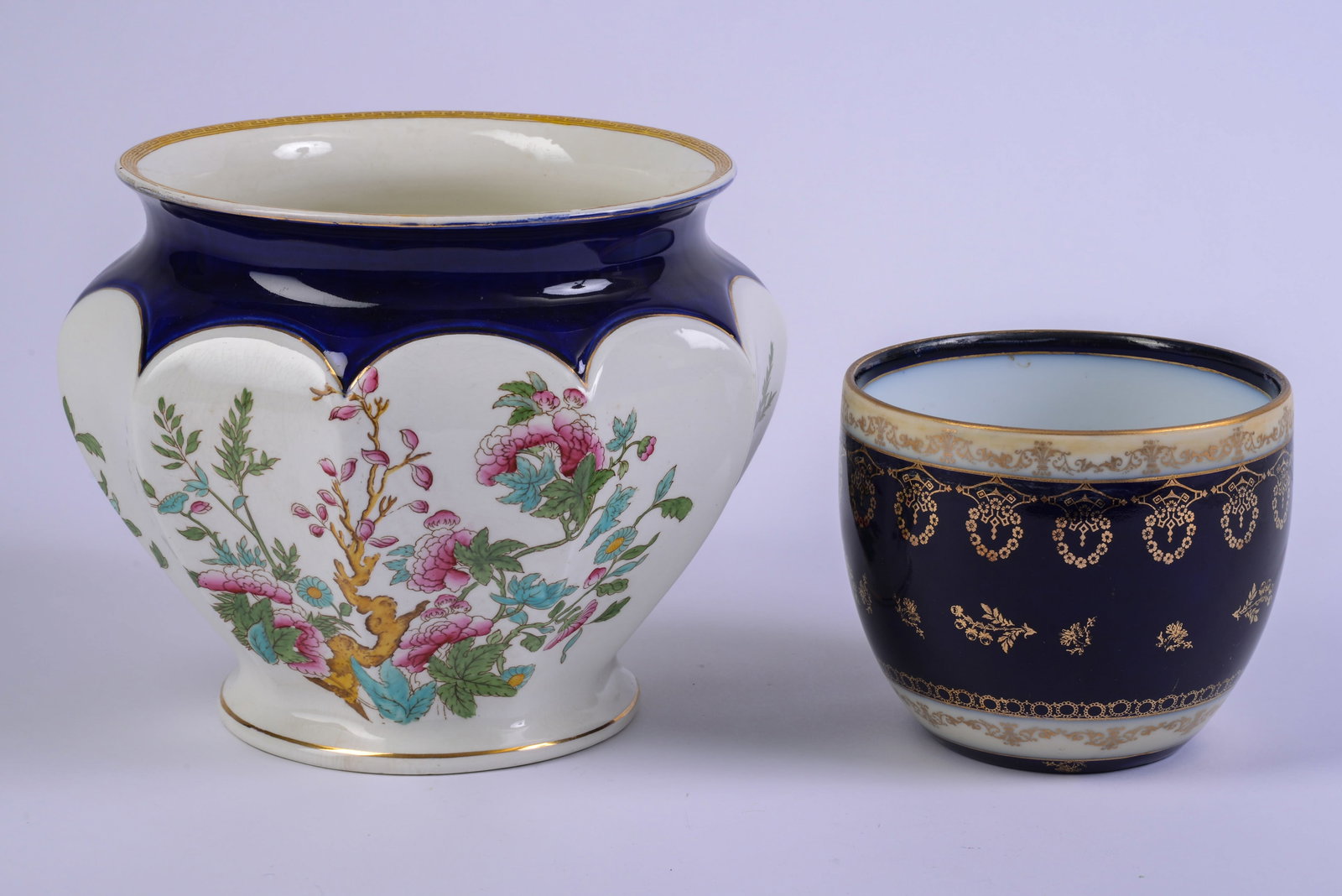 Indian Tree' Wedgwood Porcelain Planter With Floral Decoration: Scalloped shaped. Height 8.5 inches.With smaller blue and gold planter. Good condition.