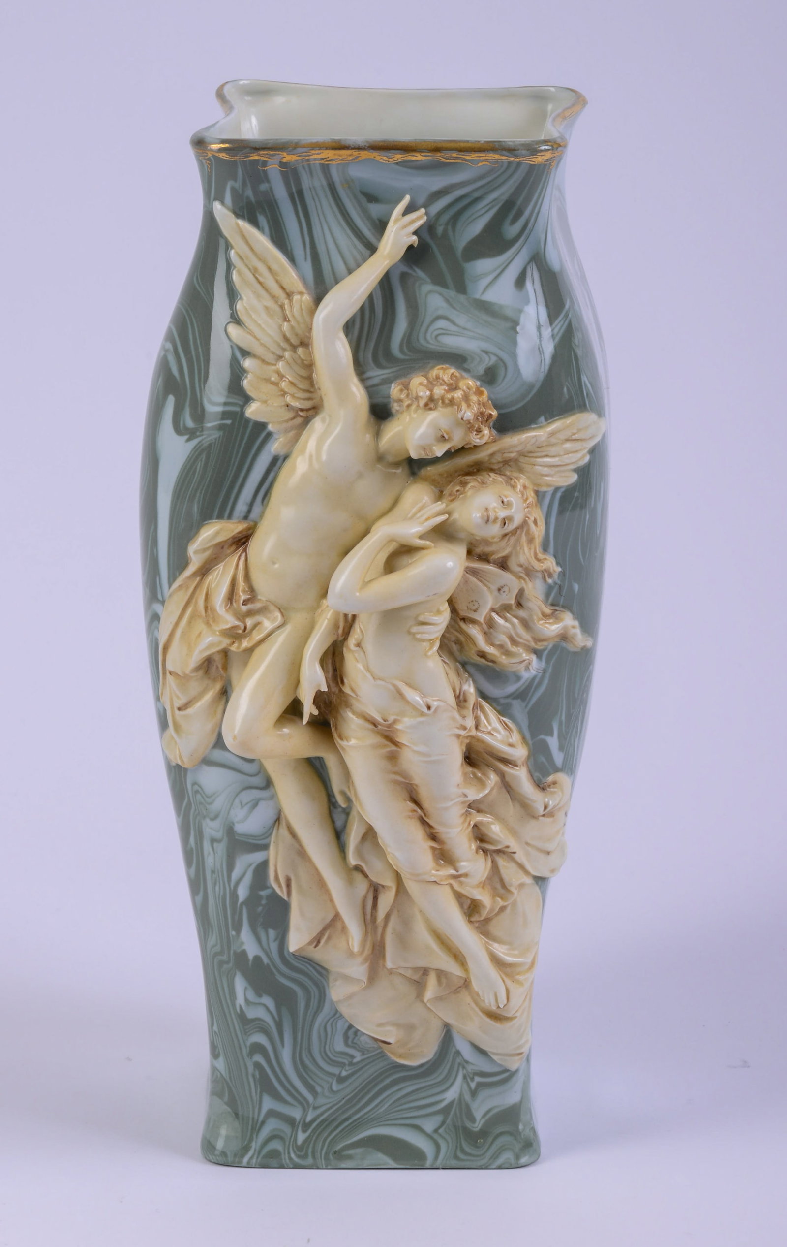 Tall Green Swirl Painted Vase with Applied Angel Figures: Height 12 inches. Good condition.