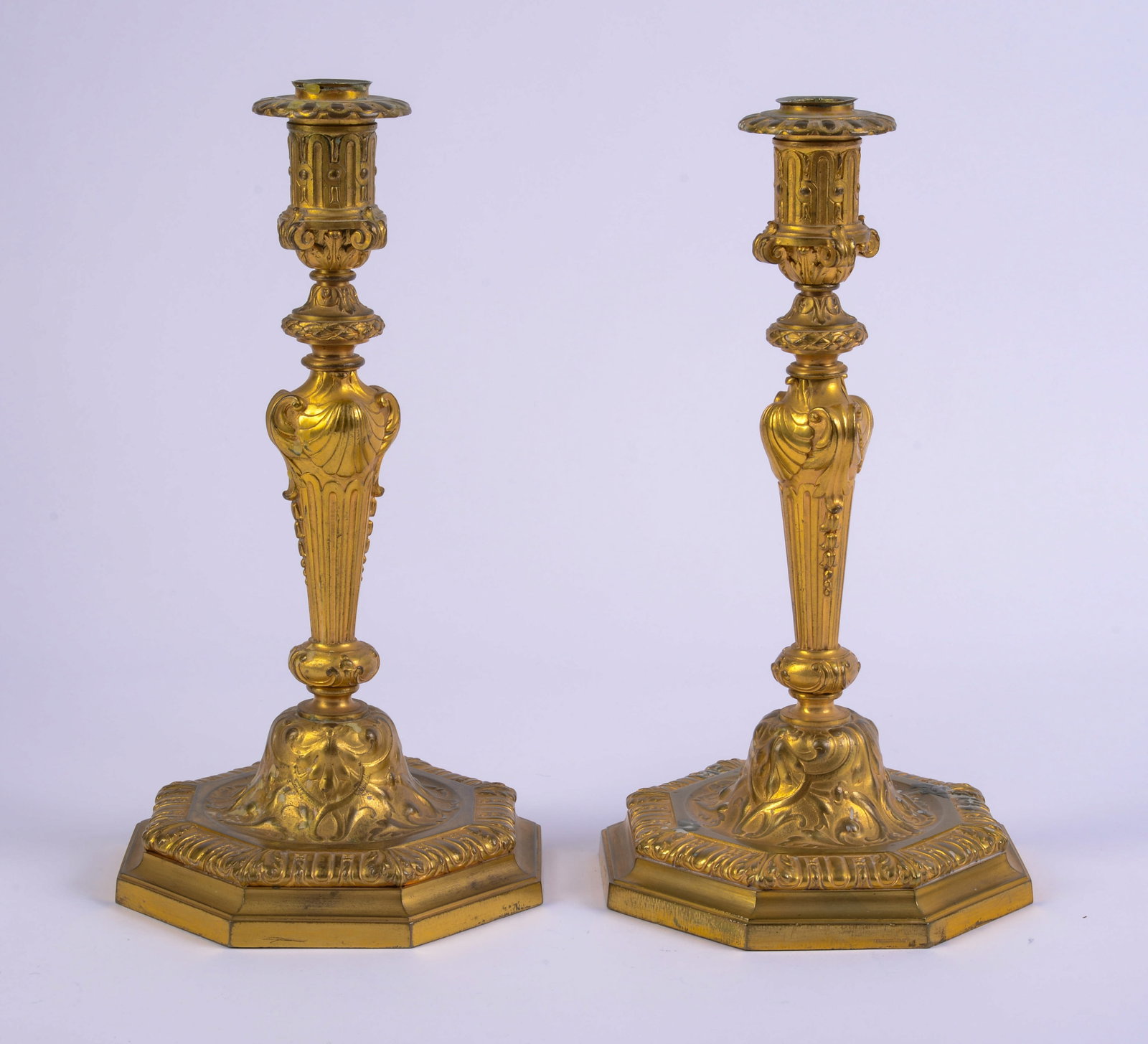 Pair of Large Gold Metal Classical Candleholders: Height 12.5 inches.
