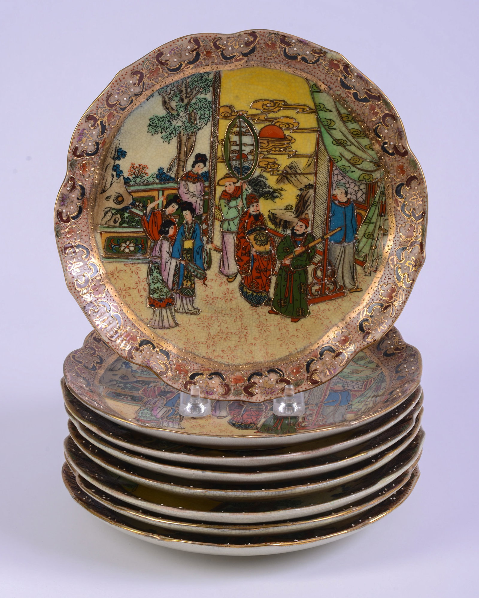 8 Chinese Polychrome Decorated Plates With FIgures: Diameter 8.75 inches. Good condition
