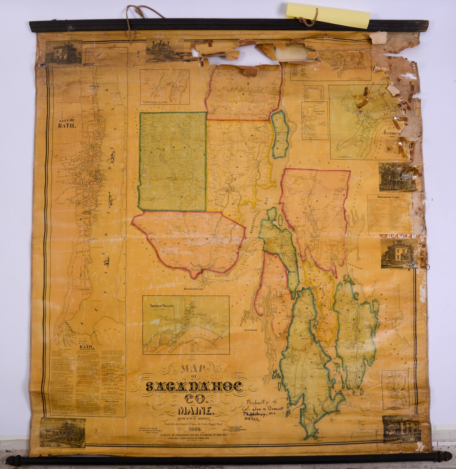 1858 Map of Sagadahoc County Maine.: 56 x 51 inches. Poor condition.