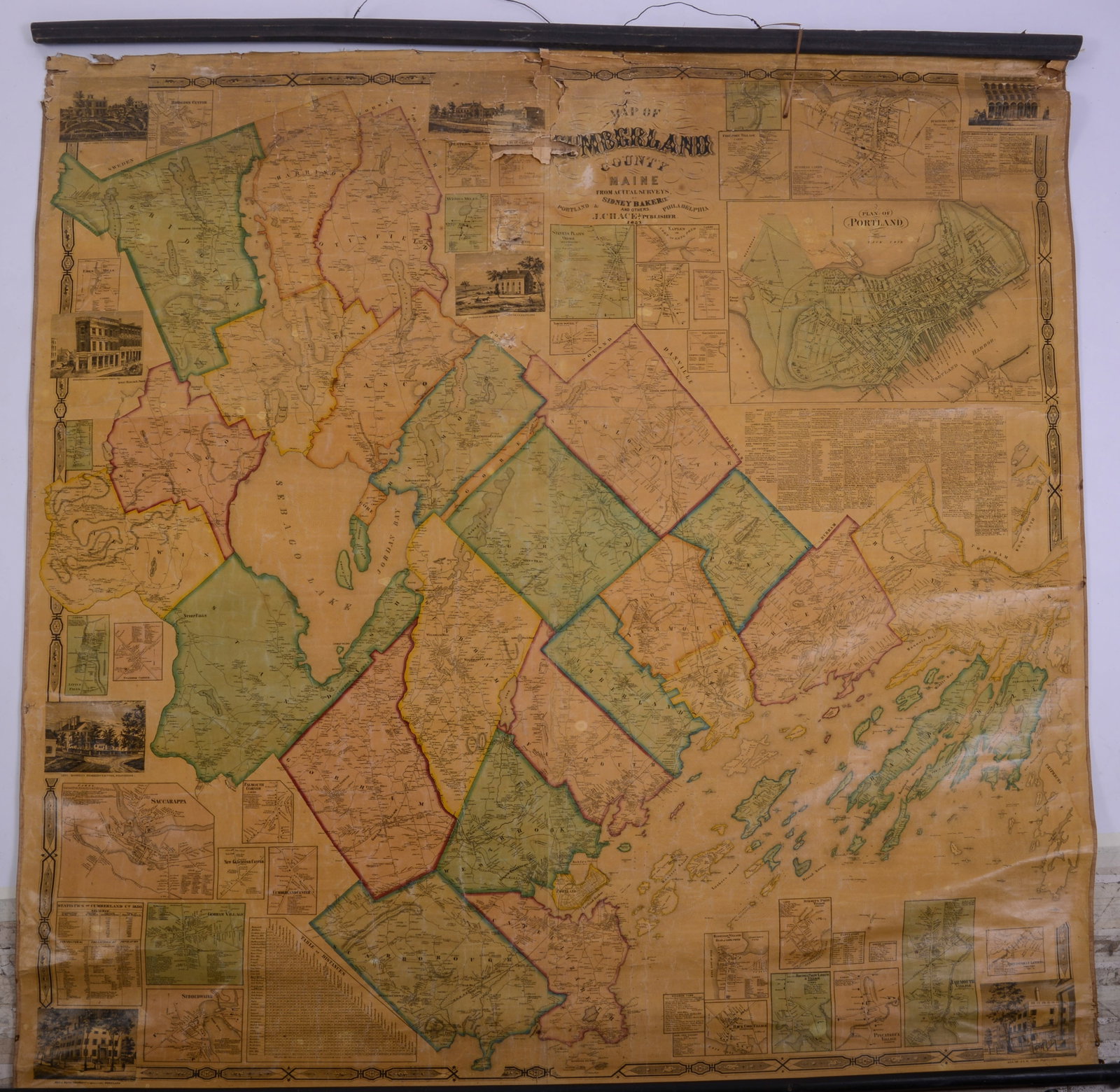 1851 Map of Cumberland County Maine.: 59 x 58 inches. Poor condition.
