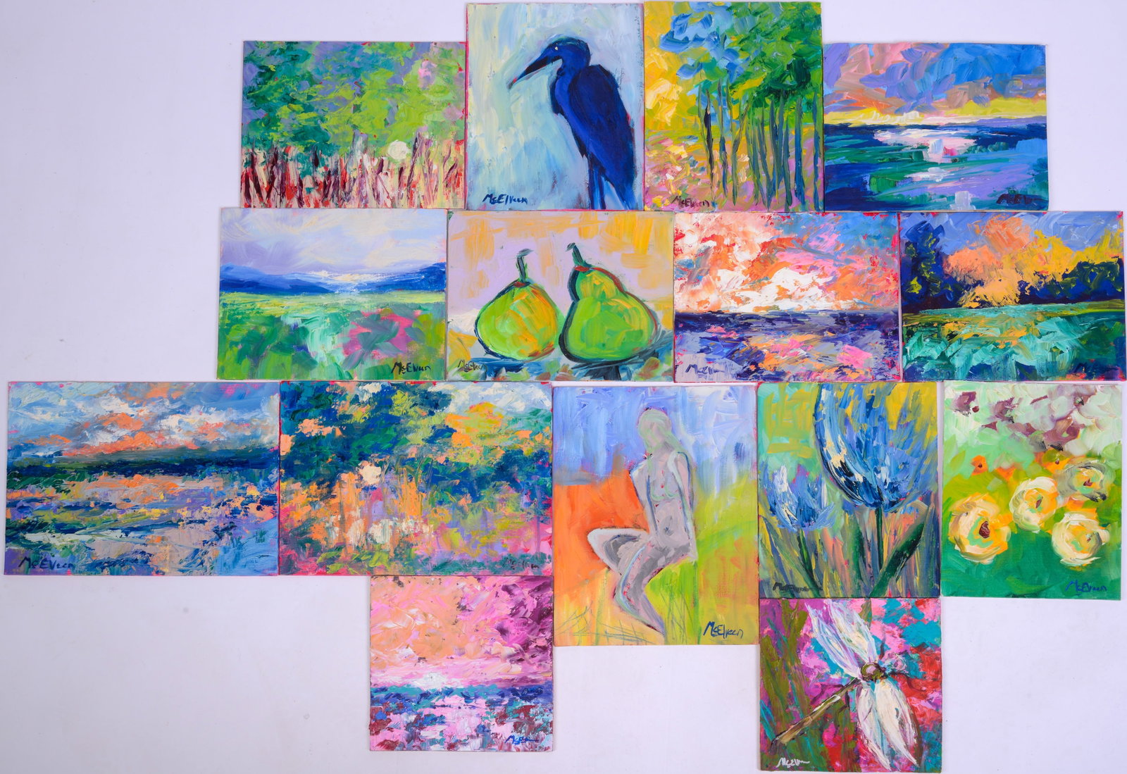 Claire McElveen (Maine Contemporary). Fifteen Paintings.: Oil on board, largest 9 x 12 inches.