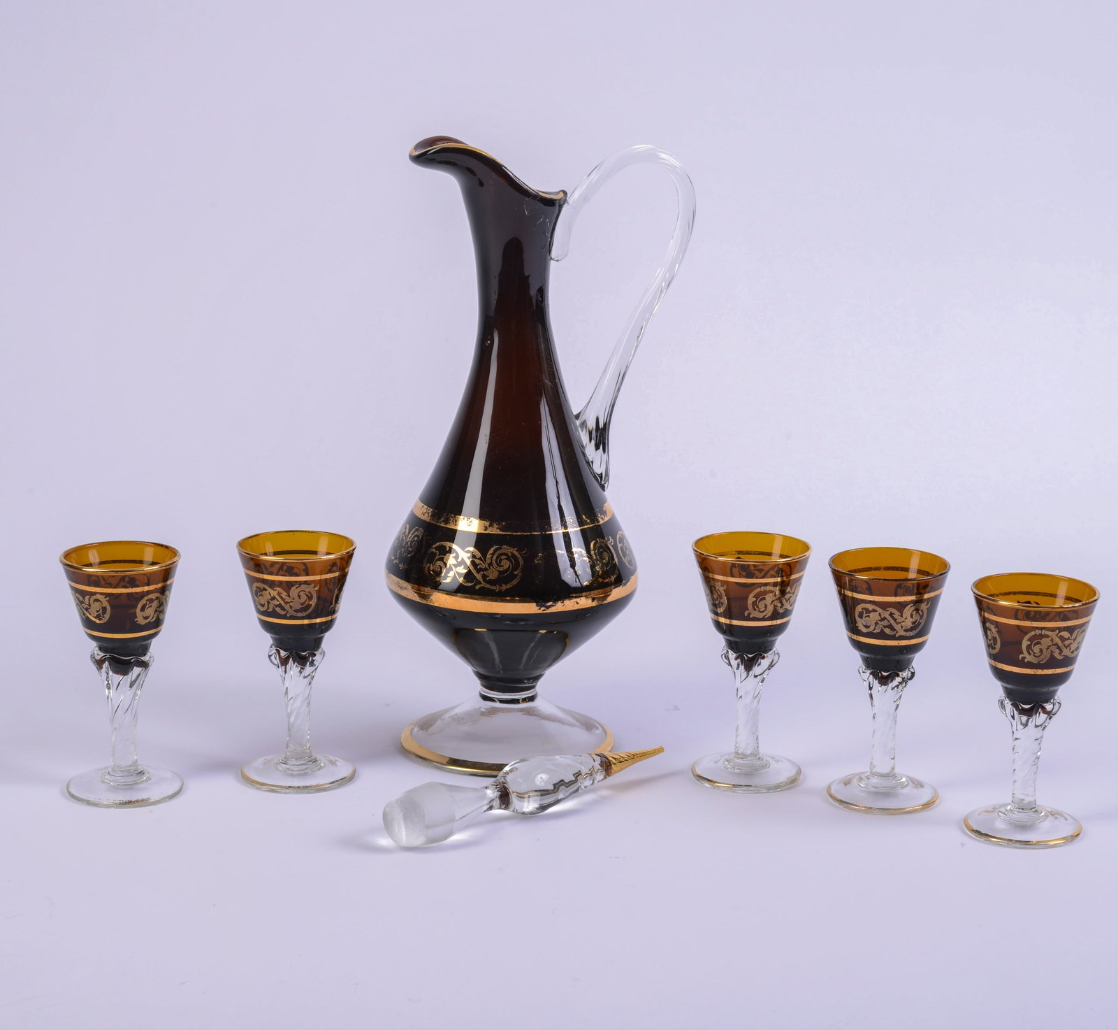 Amber Glass Cruet and Five Glasses. (1 of 2)