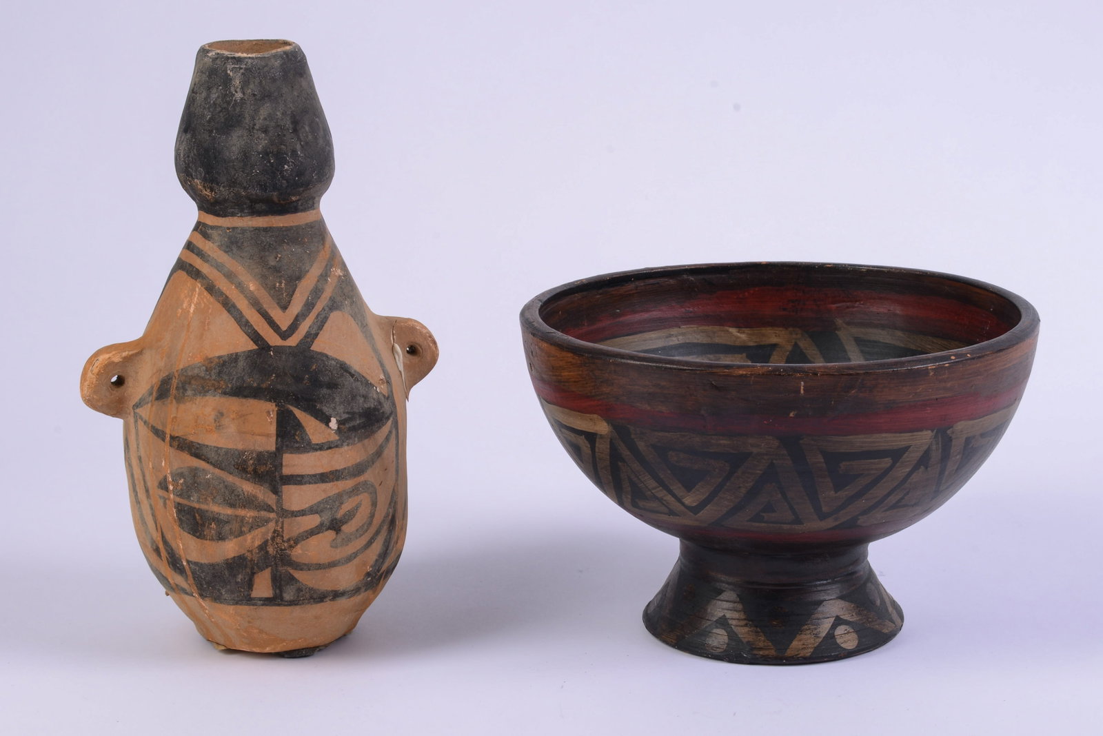 Mexican Pottery Bowl and Vase.: Height of vase 9 inches. Bowl drilled.