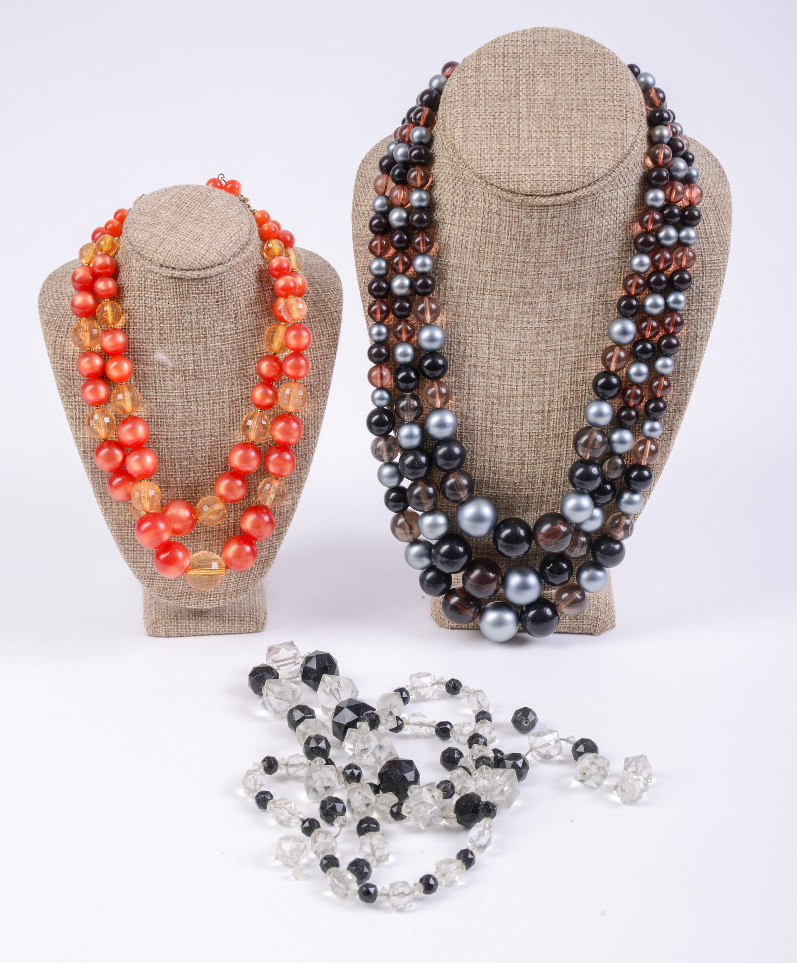Three Vintage Beaded Costume Jewelry Necklaces.: Lengths 12, 18 and 38 inches.