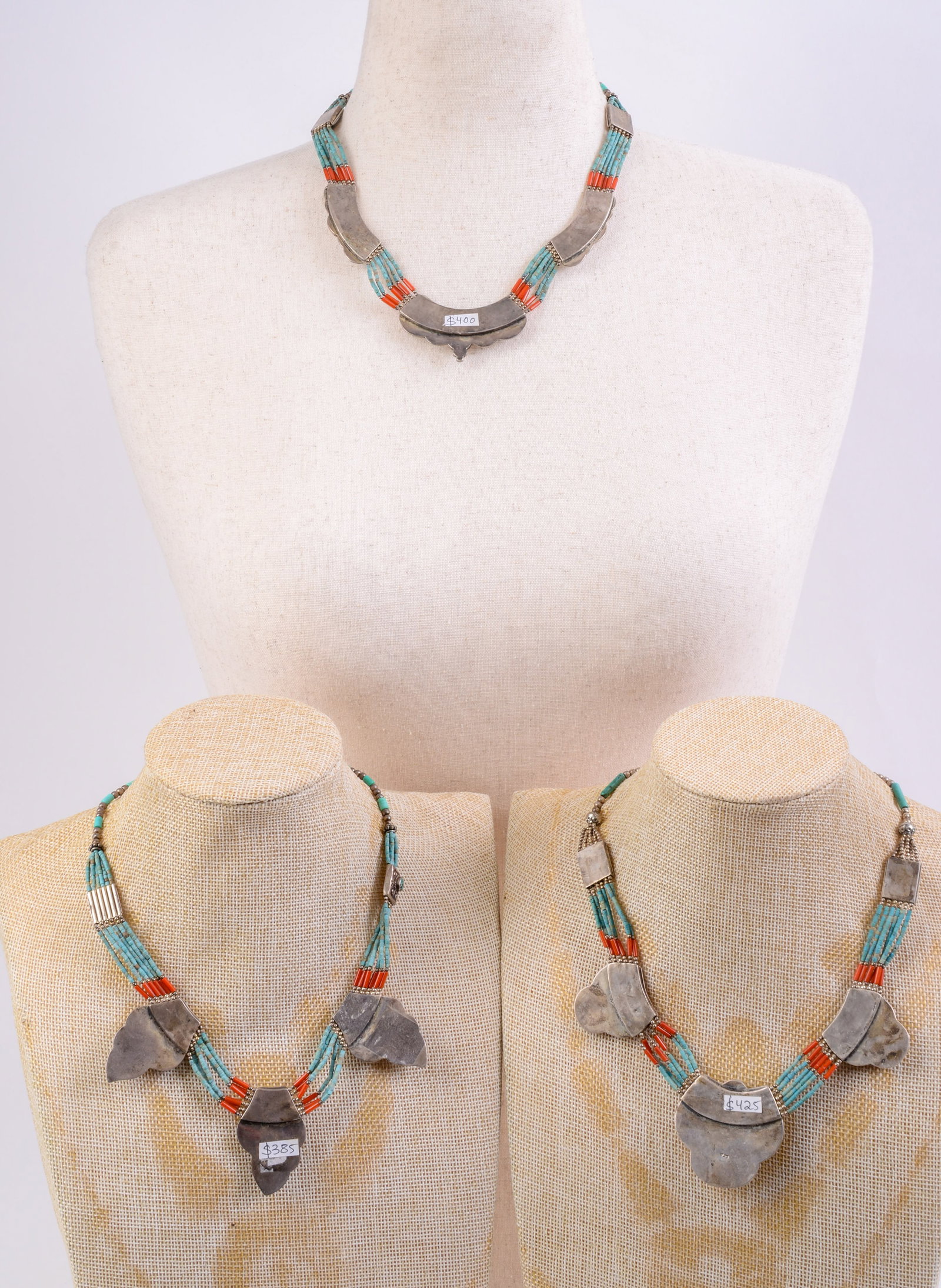 Three Sterling and Turquoise Necklaces.: Length 18 inches.