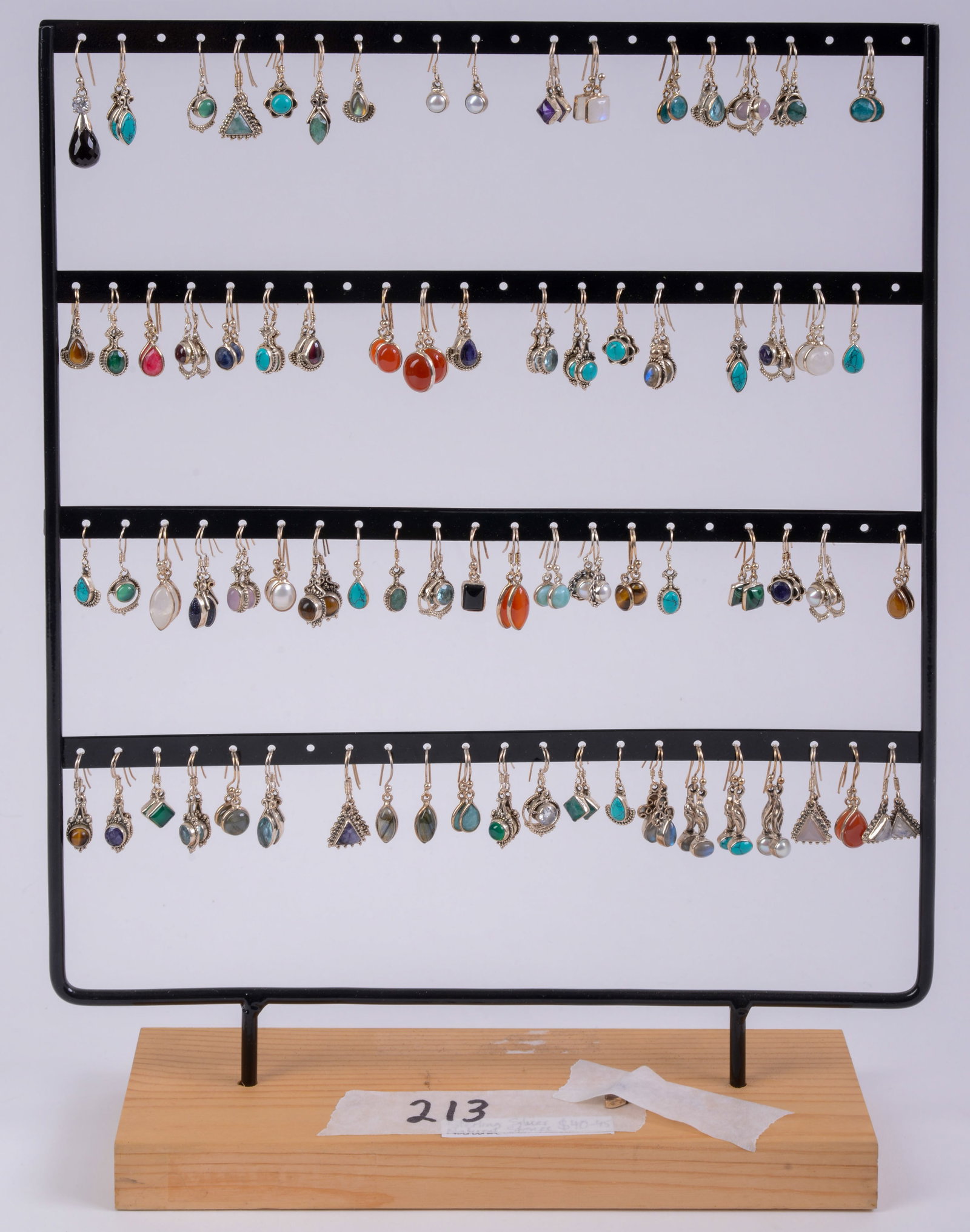 Large Group of Sterling and Stone Earrings.: On wire hangers. Longest length 1.5 inches.