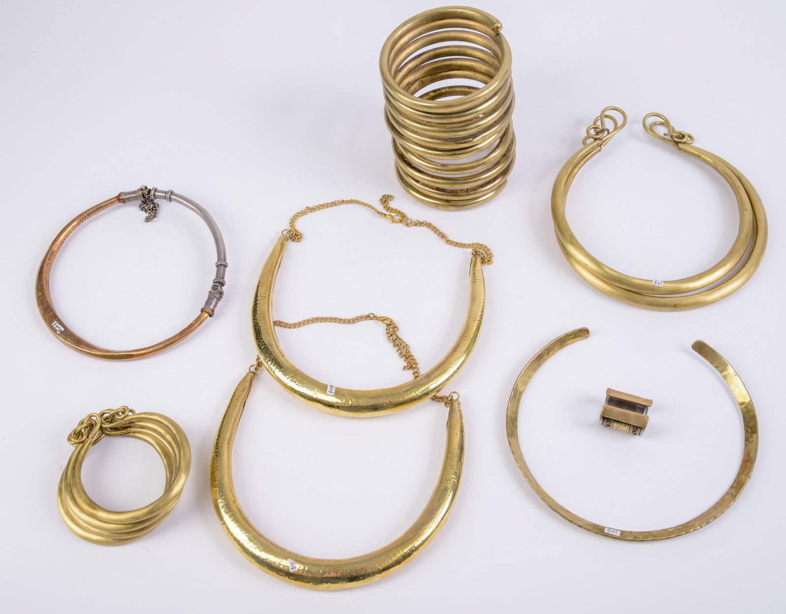 Group of Brass and Metal Cuff Bracelets and Choker Necklaces.: Longest length necklace 19 inches.