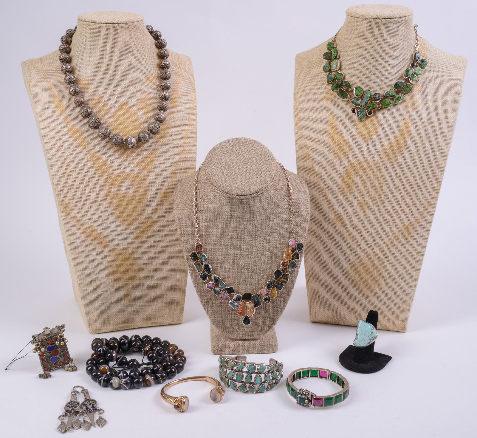 Group of Necklaces and Bracelets and Turquoise Ring.: Including some sterling, stone and turquoise. Length of longest necklace 18 inches.