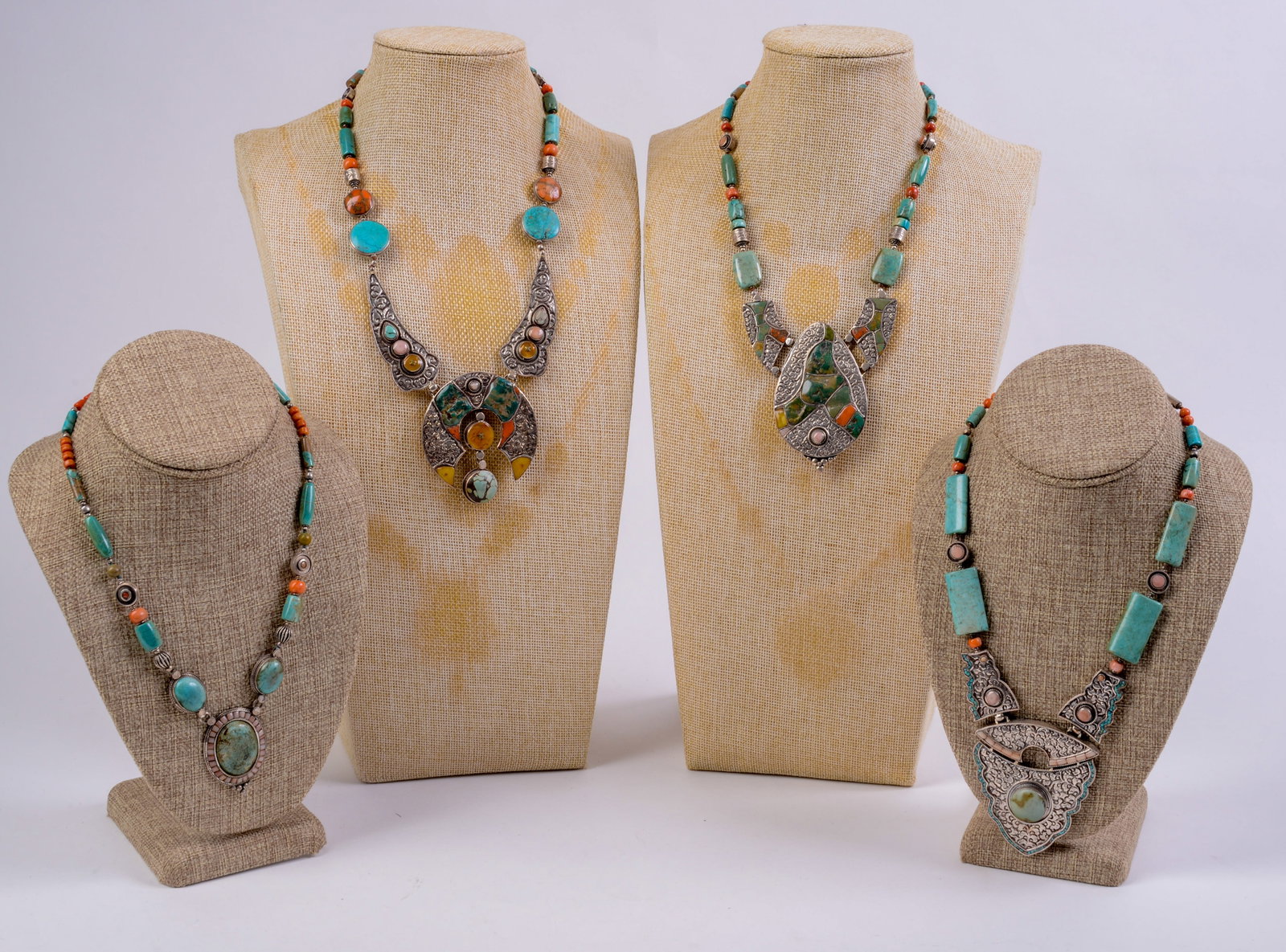 Group of Four Silver and Turquoise Necklaces.: Length of longest 22 inches.