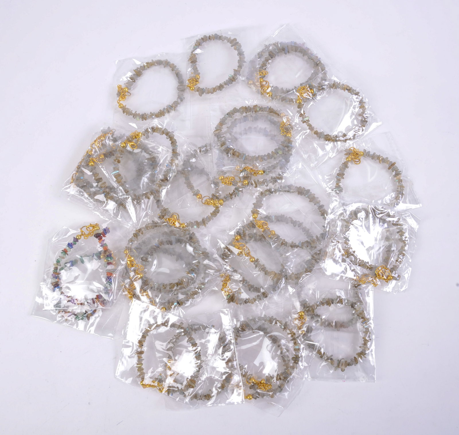 Group of Green and Multi Color Crystal Bracelets.: Length 7 inches.