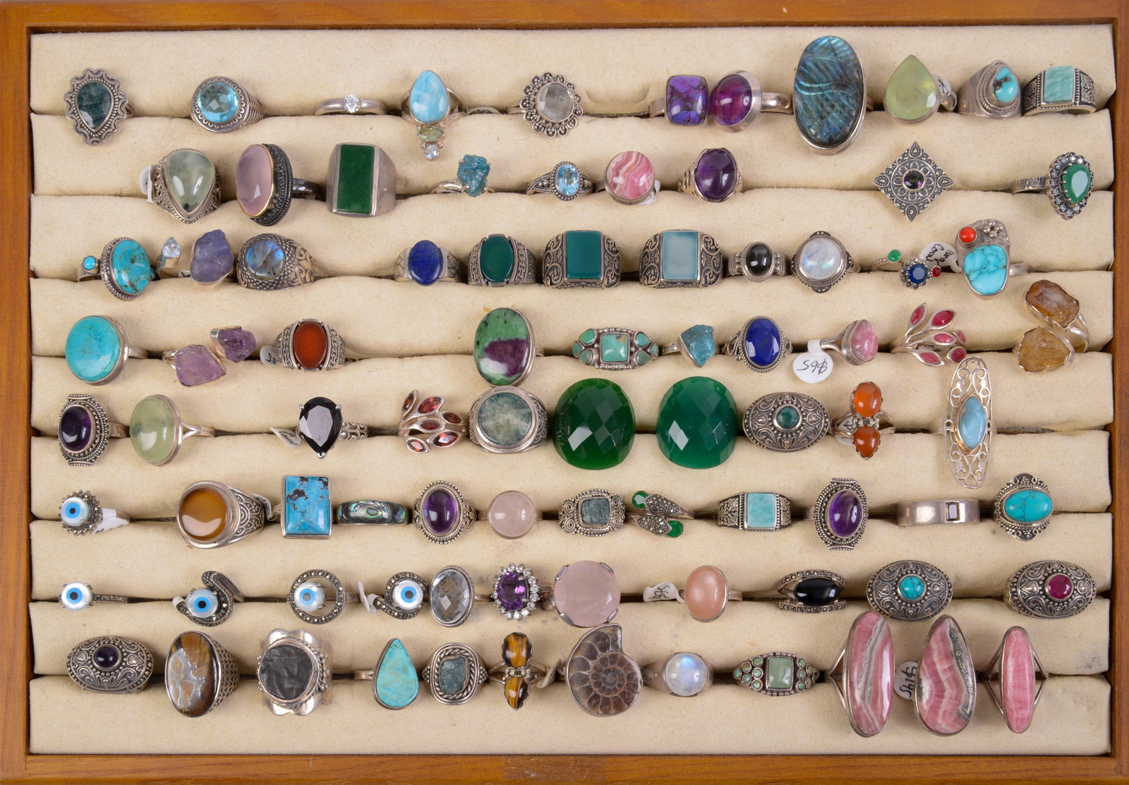80+ Costume Jewelry Rings.: Various stones and sizes, some sterling.