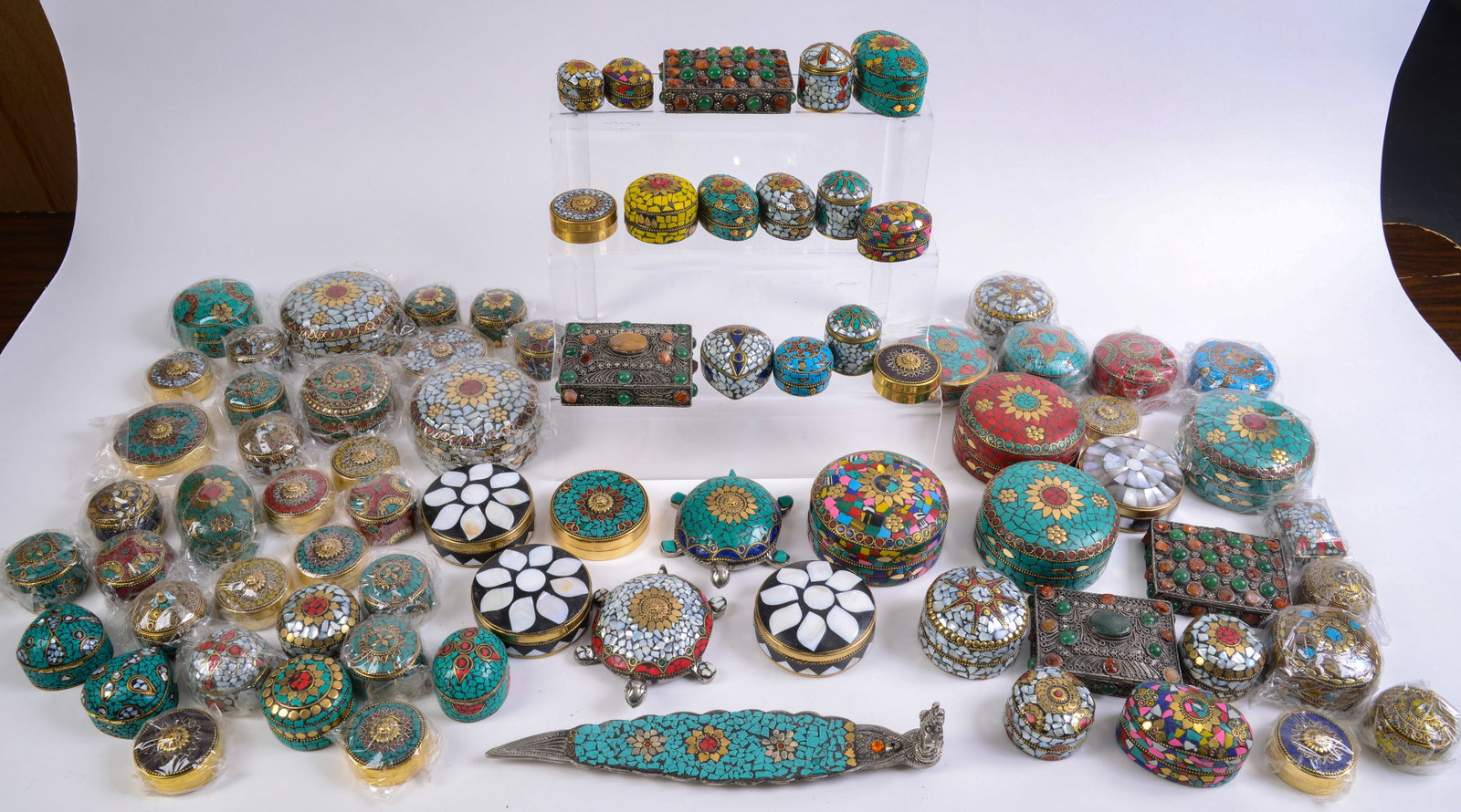 Large Collection of Decorative Boxes.: 30+, largest diameter 4.5 inches.