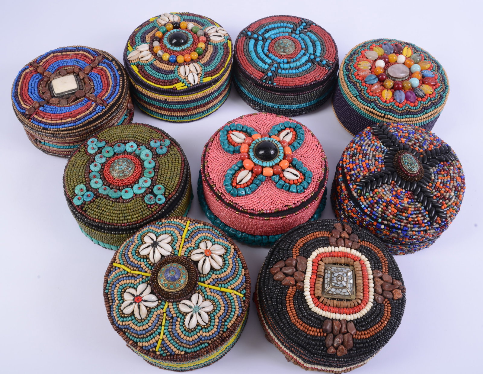 Ten Beaded Boxes With Shells.: Diameter 7 inches.