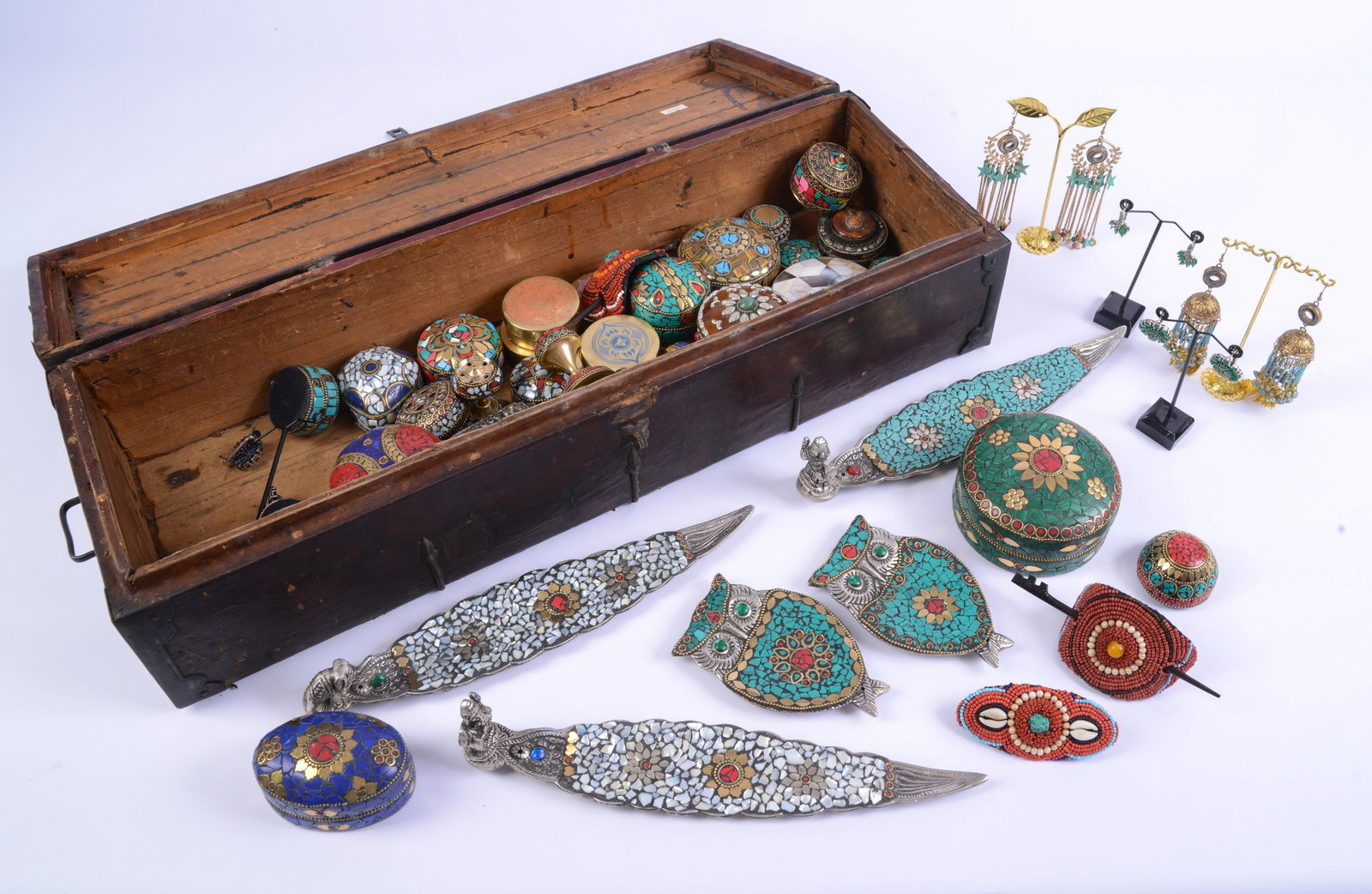 Collection of Asian Stone Inlaid Boxes.: Also includes incense burners. IN a metal bound box, 5.5 x 23.5 x 7.5 inches.