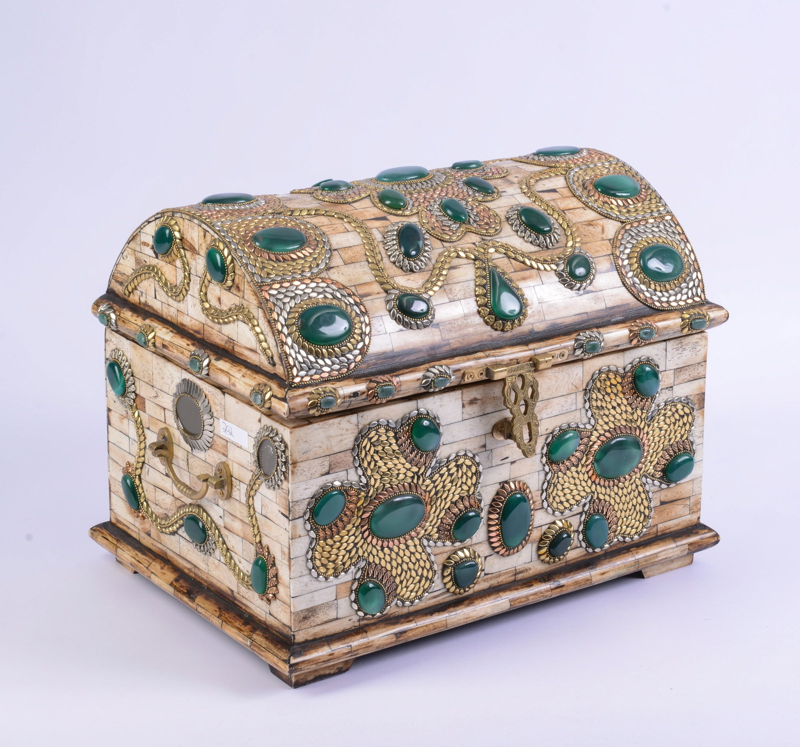 Yak Bone and Stone Dome Top Box and a Collection of Hair Pins.: Box 13 x 16 x 12 inches, some stones missing. Includes keychains, bracelets, and others.