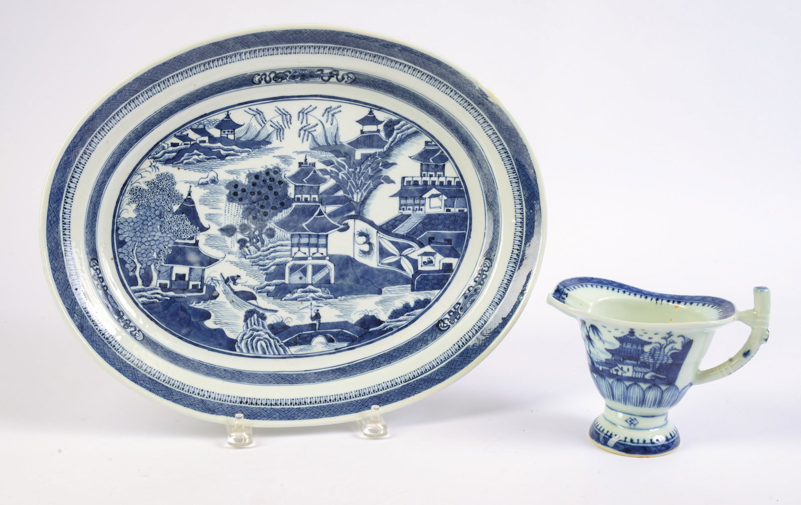 Chinese Blue and White Nanking Helmet Creamer, and an Oval Platter. (1 of 4)