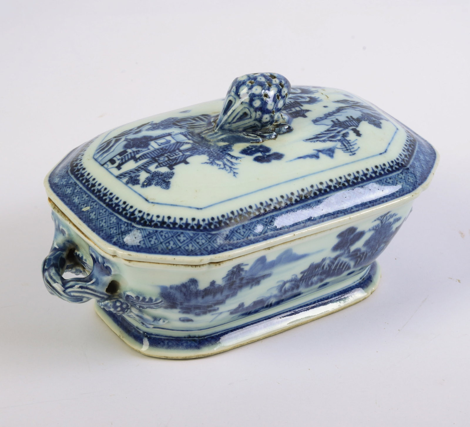 Chinese Blue and White Strap Handle Sauce Tureen and Cover.: Length 7 ½ inches.