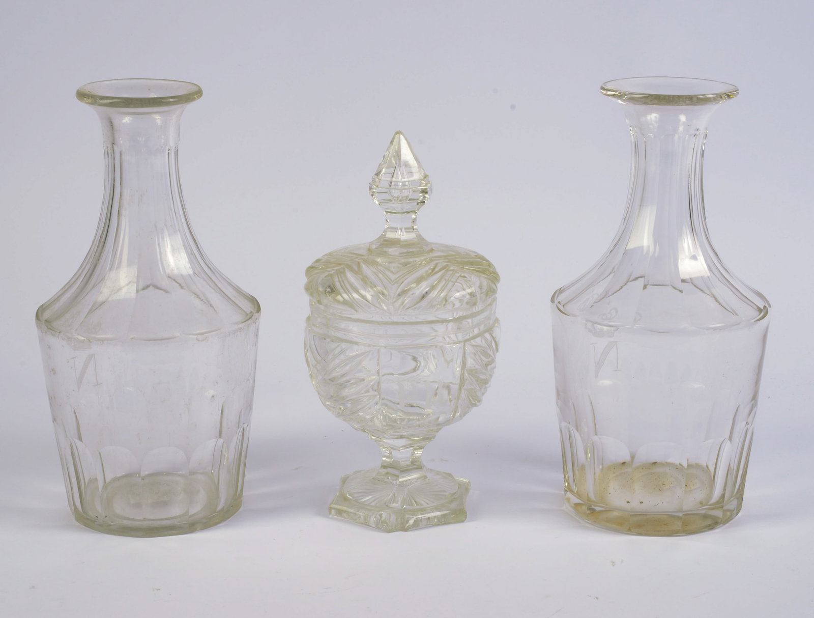 Pair of European Panel-Cut Wine Decanters with Engraved Crown Over “N." (1 of 5)