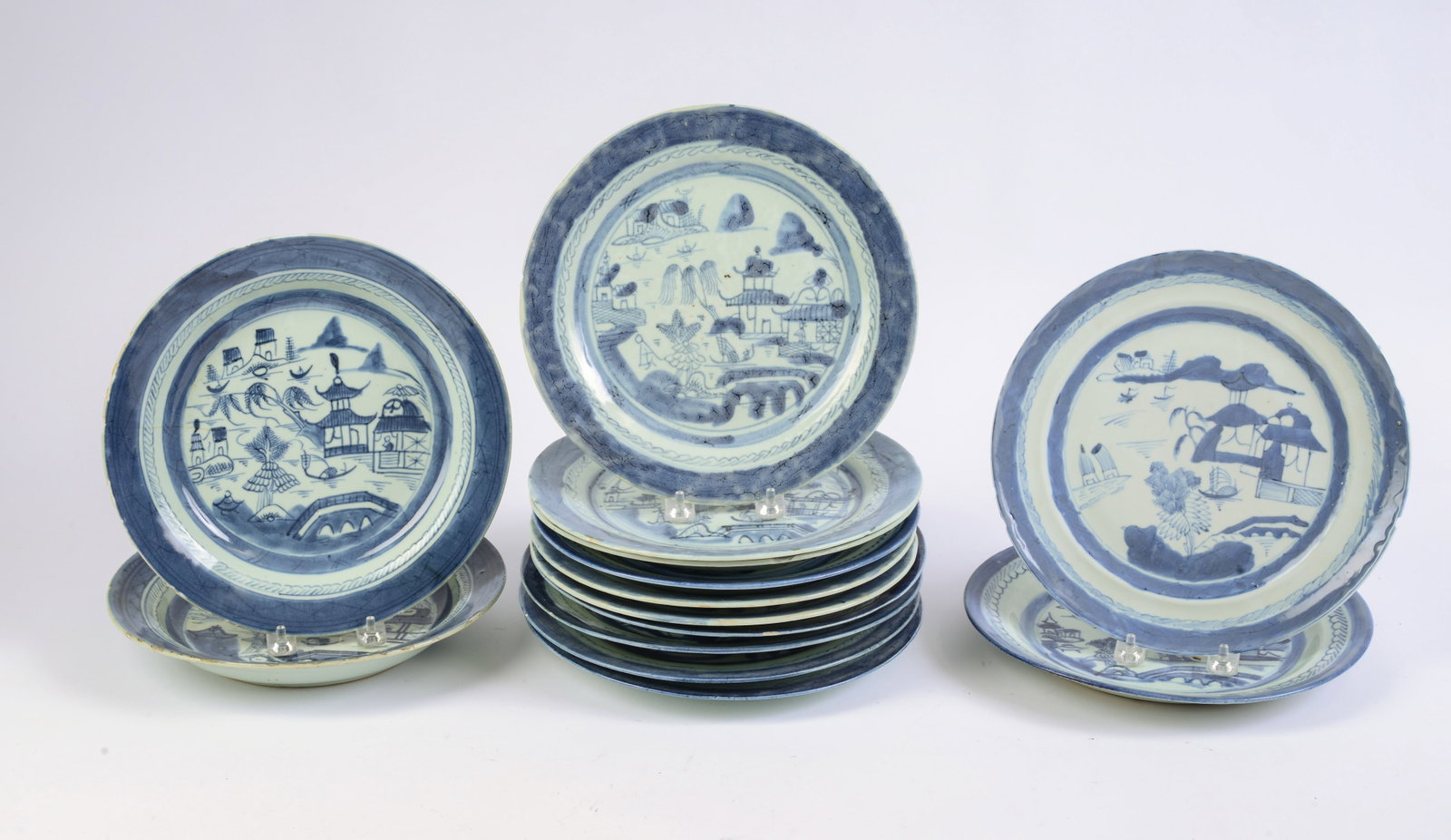 Twelve Assorted Canton Dinner Plates and Two Large Soup Plates.: Diameters 9 ½ to 10 inches. Some chips and hairline.