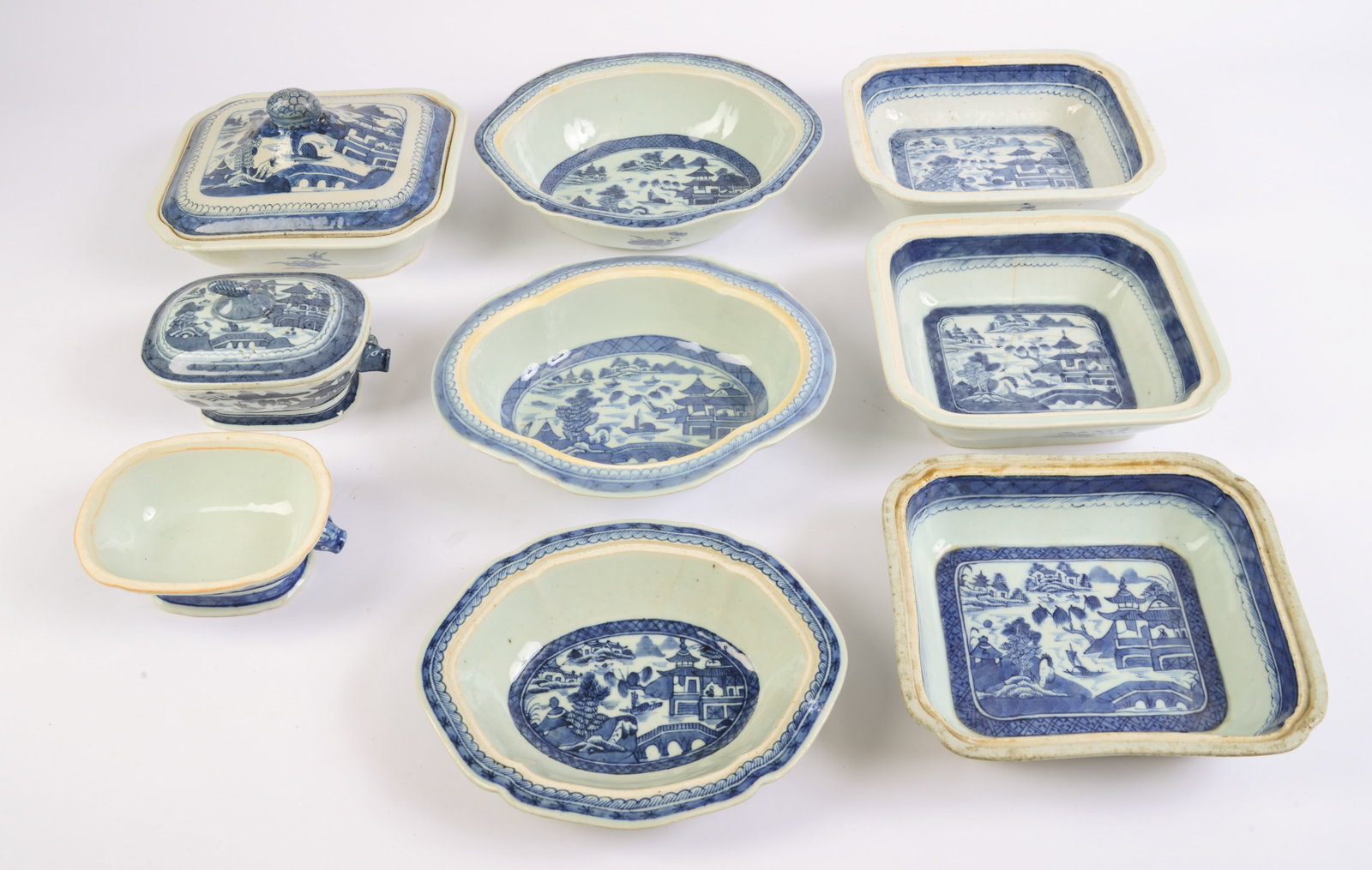 Lot of Canton Including Vegetable Dish Bases.: Two sauce tureen bases and two assorted lids. 11 Pieces. Hairlines and old repair.