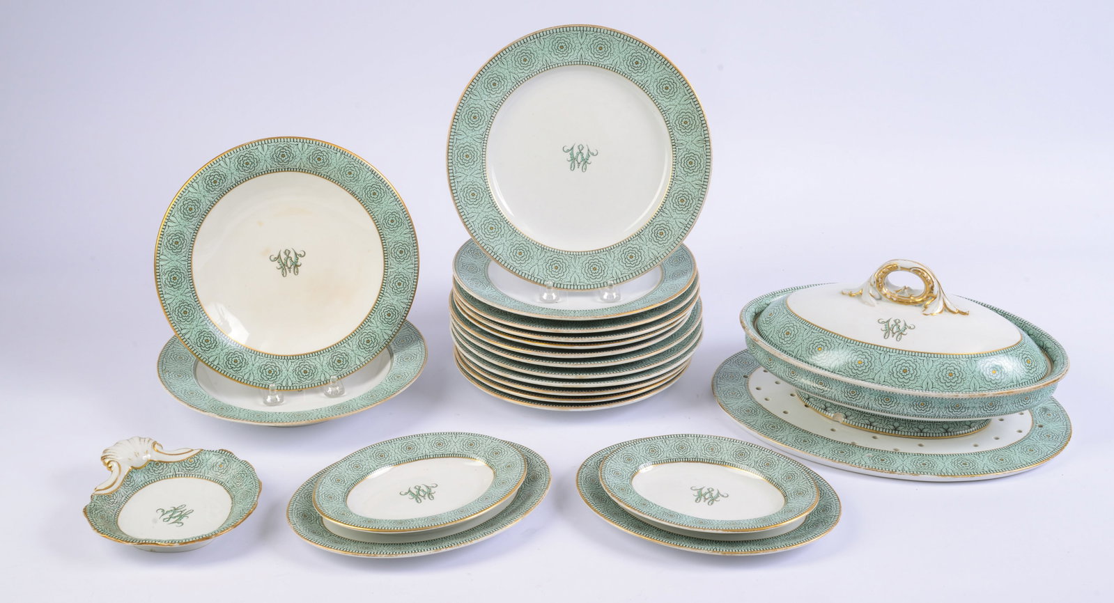Lot of English Transfer Decorated Tableware with “W?? Monogram.: Marked “Richard Briggs, Boston, manufactured by the Worcester Royal Porcelain Company." Length of tureen, 12 inches. 21 Pieces.