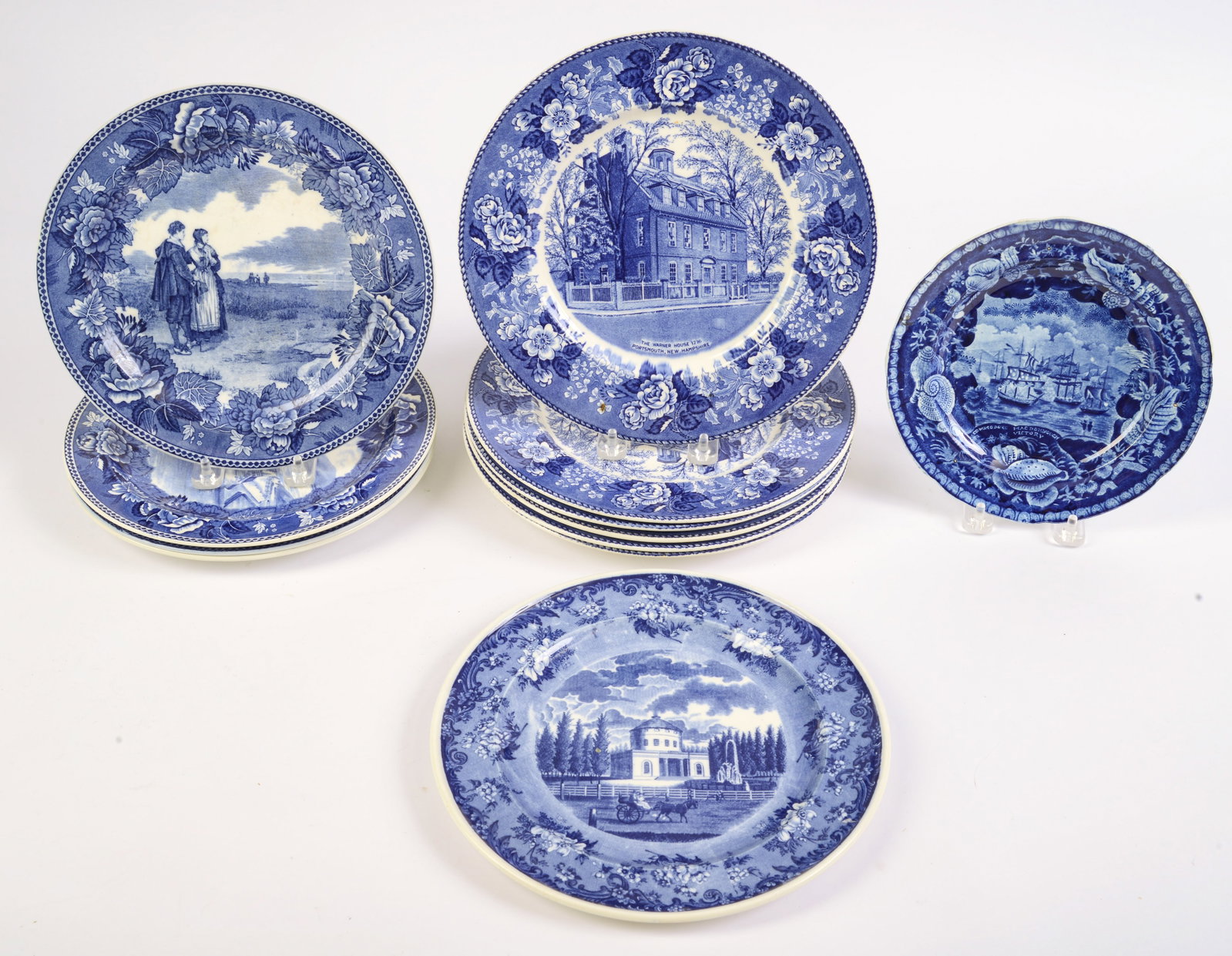 Blue Staffordshire Historical American Plates.: Including Macdonough Victory (7 ½ inch). Together with four Wedgwood plates, six Warner house plates and one of the Philadelphia Waterworks plate. Total 12.