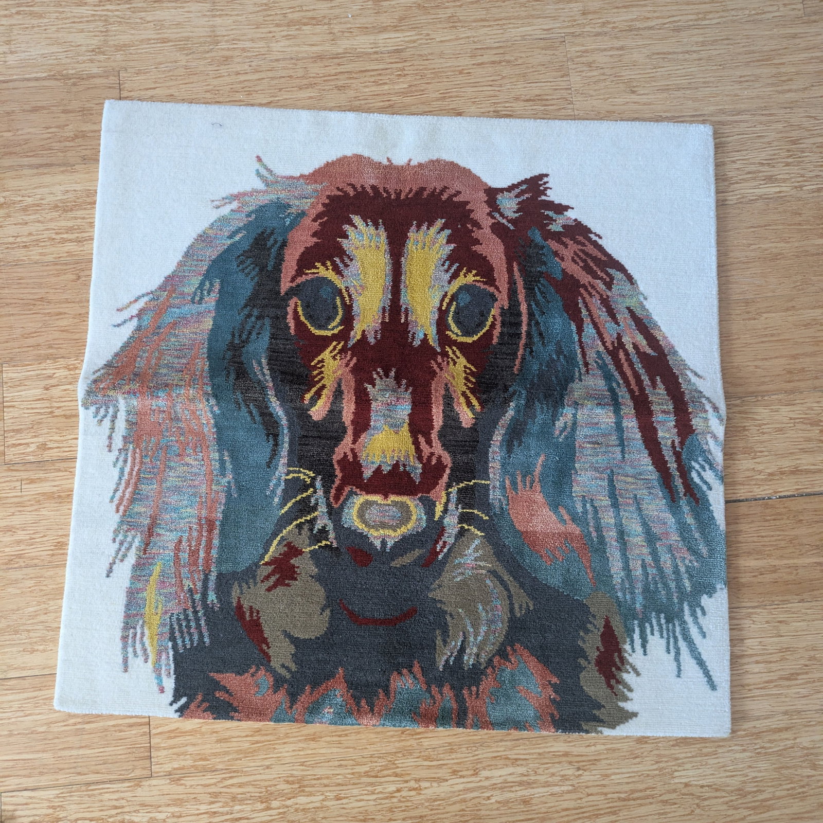 Small Rug With Dog: 34 x 32 inches.
