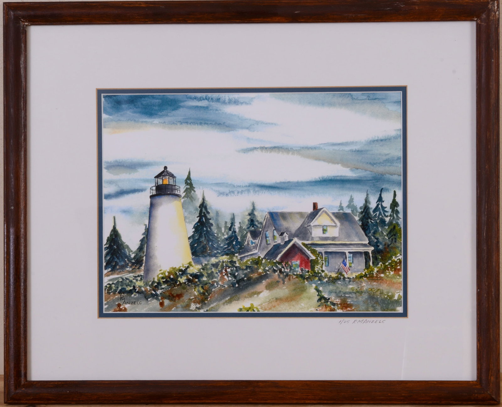 RM Anzell. Lighthouse.: Limited edition print, framed, 18 x 22 inches.