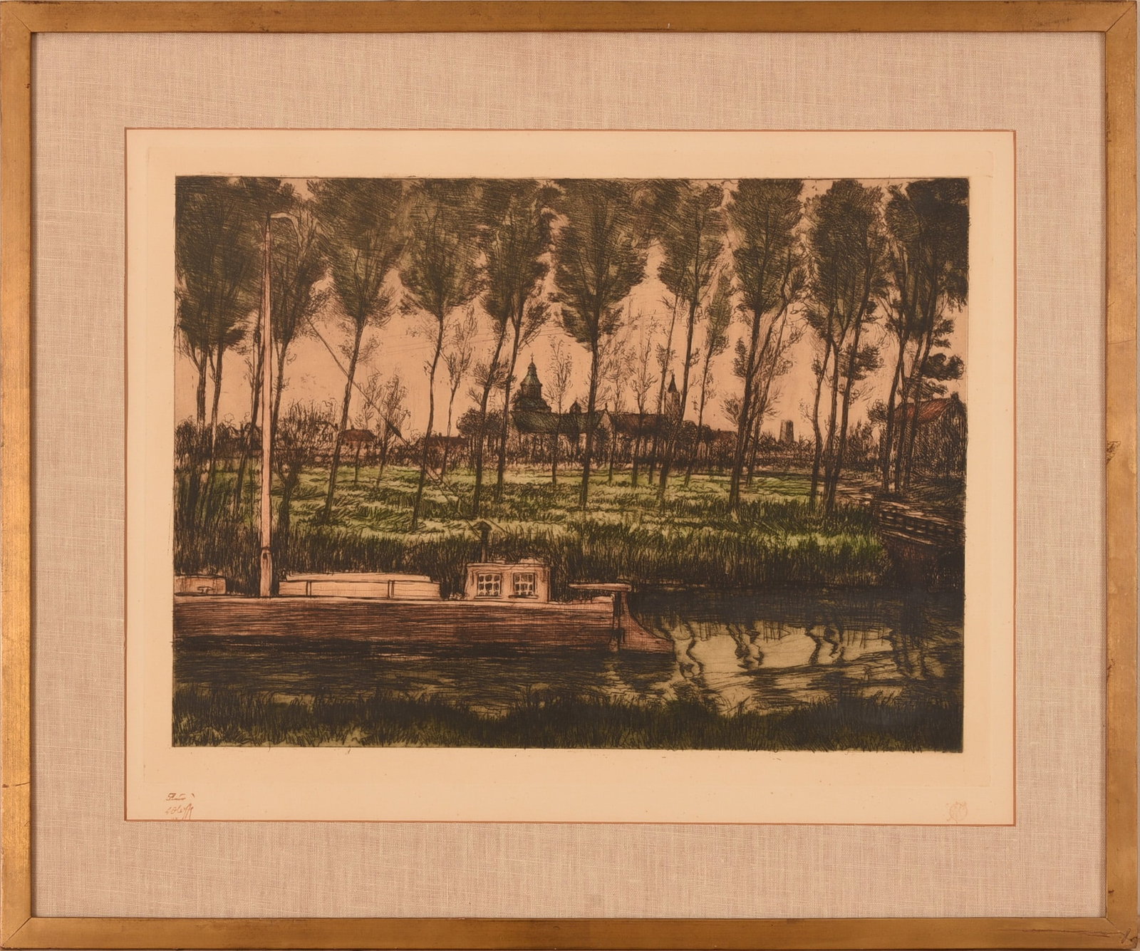 AUGUSTE OLEFFE (1867-1931). ENGRAVING OF A RIVERBOAT.: Signed and marked AP for artist’s proof. With certificate of authenticity signed by Madame Auguste Oleffe in 1971. Image 17.5 x 24 inches. Frame 28.5 x 34.5 inches.