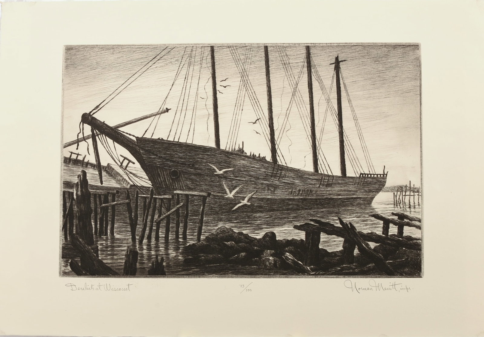 Norman Merritt (1935-2017). Derelict at Wiscassett.: Engraving on paper, image 9 x 14 inches, pencil signed and numbered 73/100.