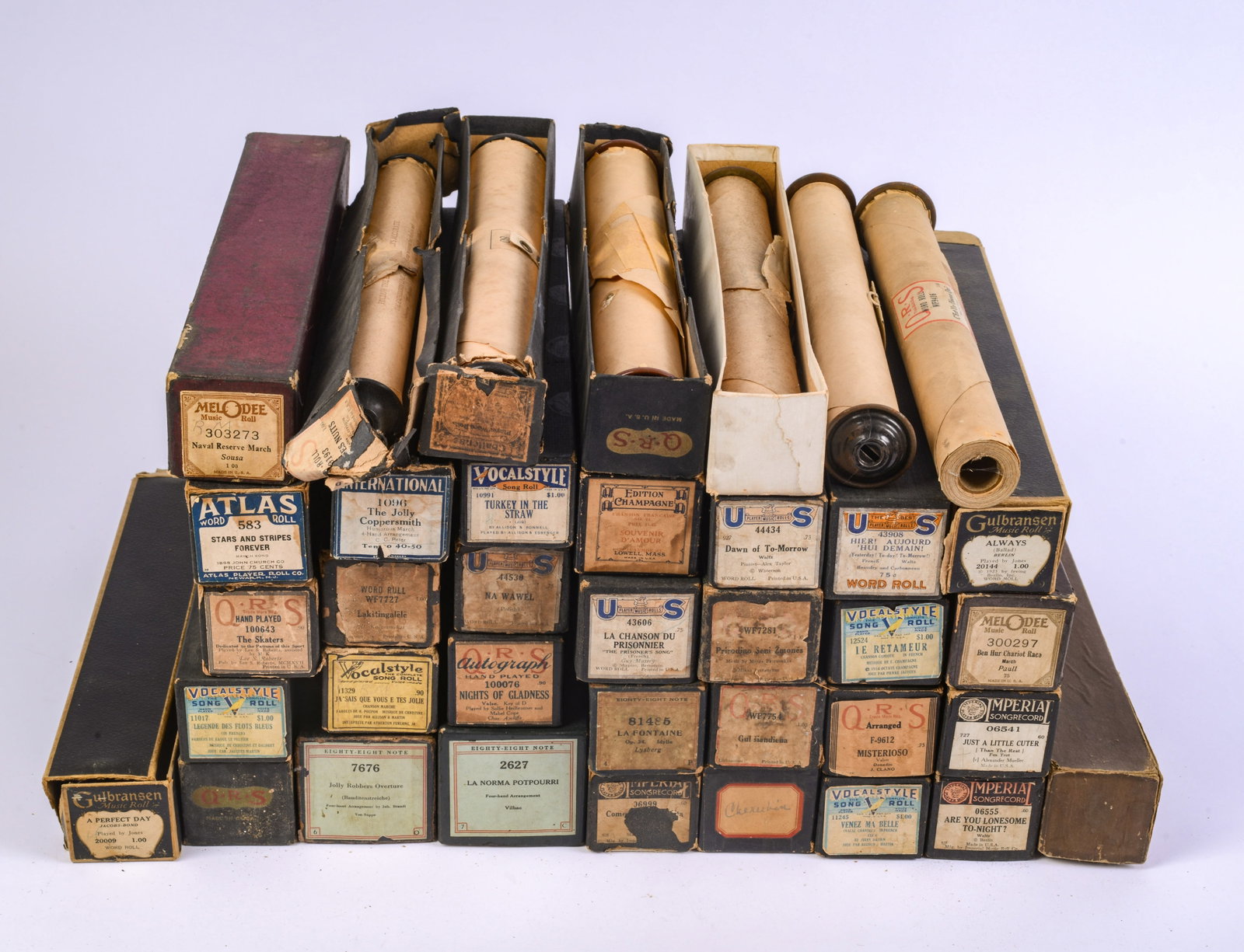 Large Collection of Piano Player Rolls.: QRS and others, approximately 36 total.