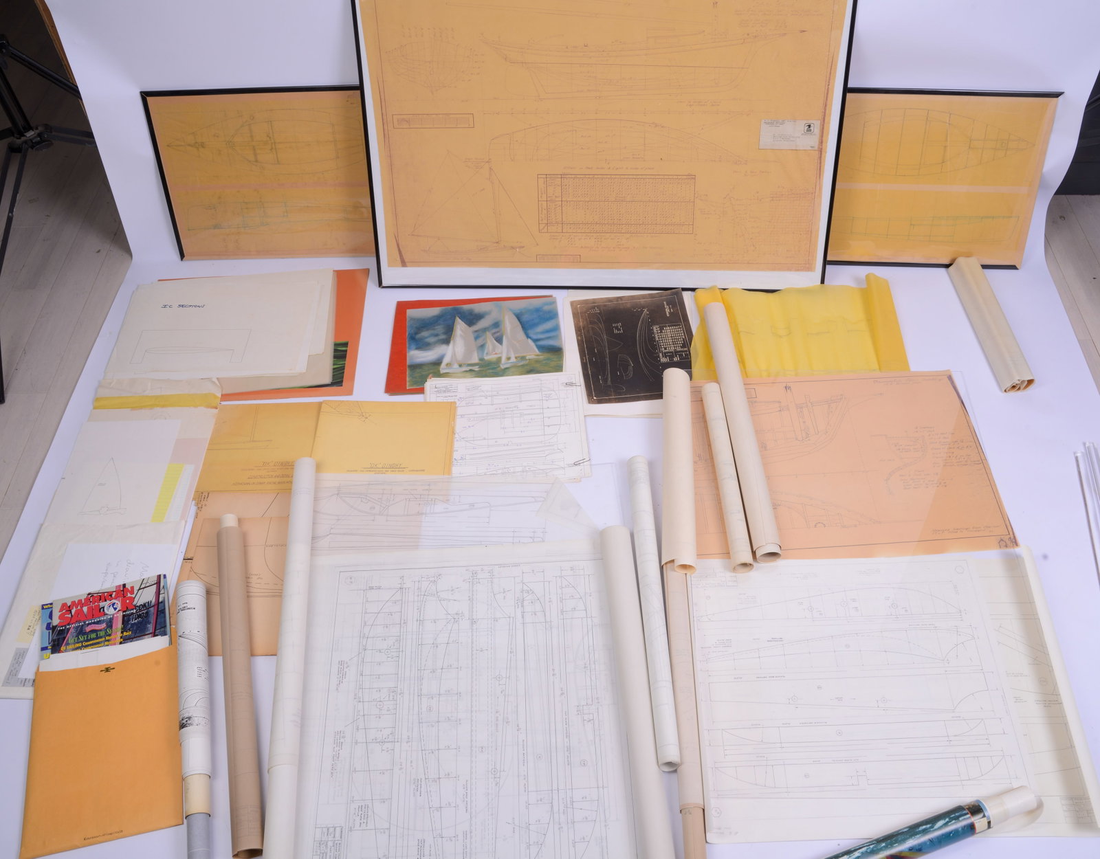 Large Collection of Marine Architecture Drawings.: Many hand drawn, includes Friendship and Muscongus Bay sloops and others.