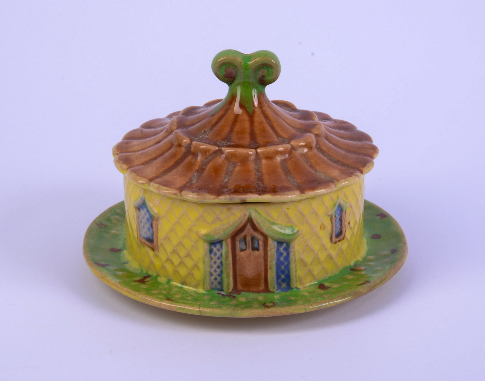 English Cottage Butter Dish.: Height 4.5 inches, diameter 5 inches. Shorter & Son. Hairline to base.