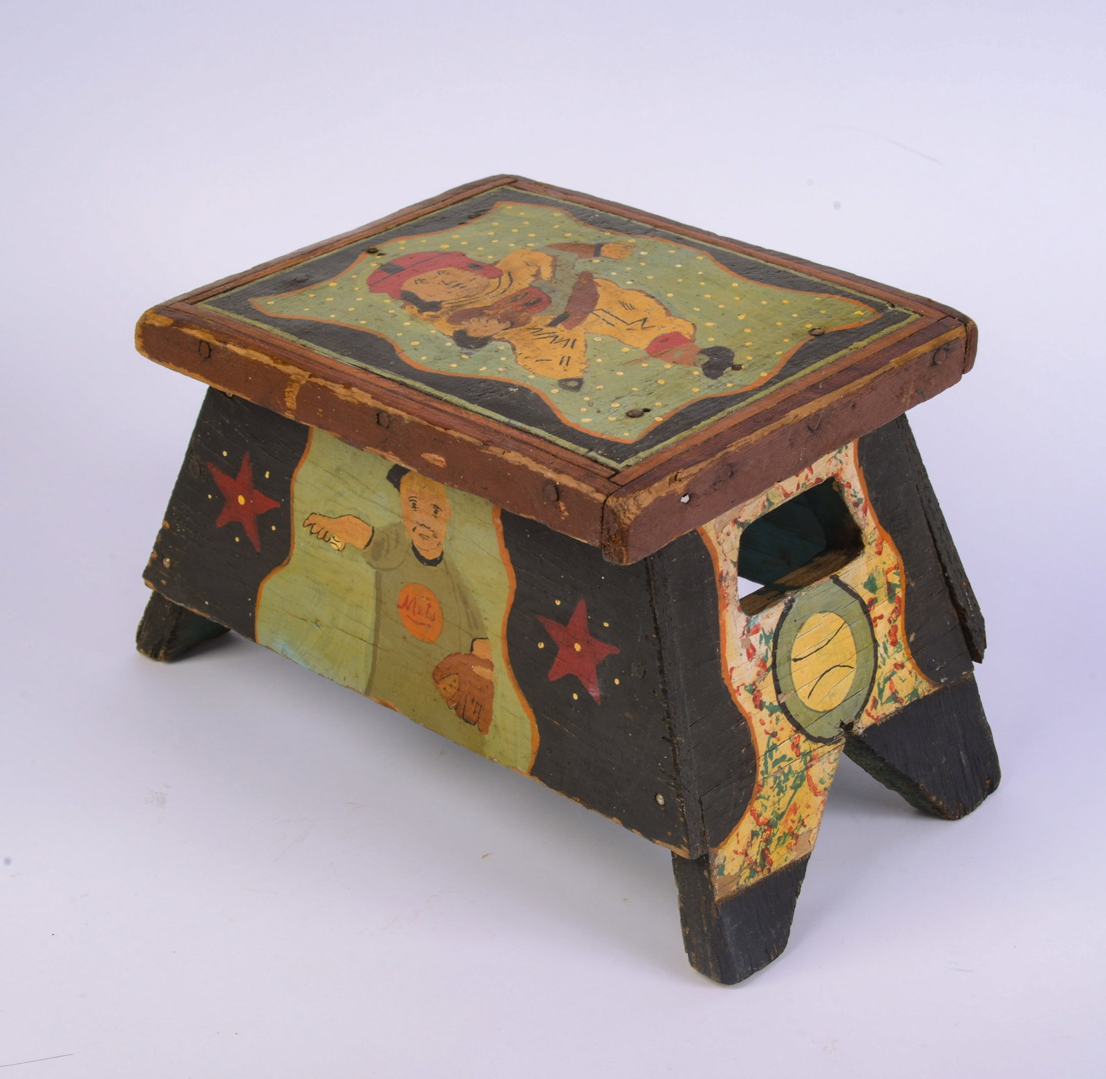 Folk Art Painted Bench With Athletes.: 7.5 x 10 x 8 inches.