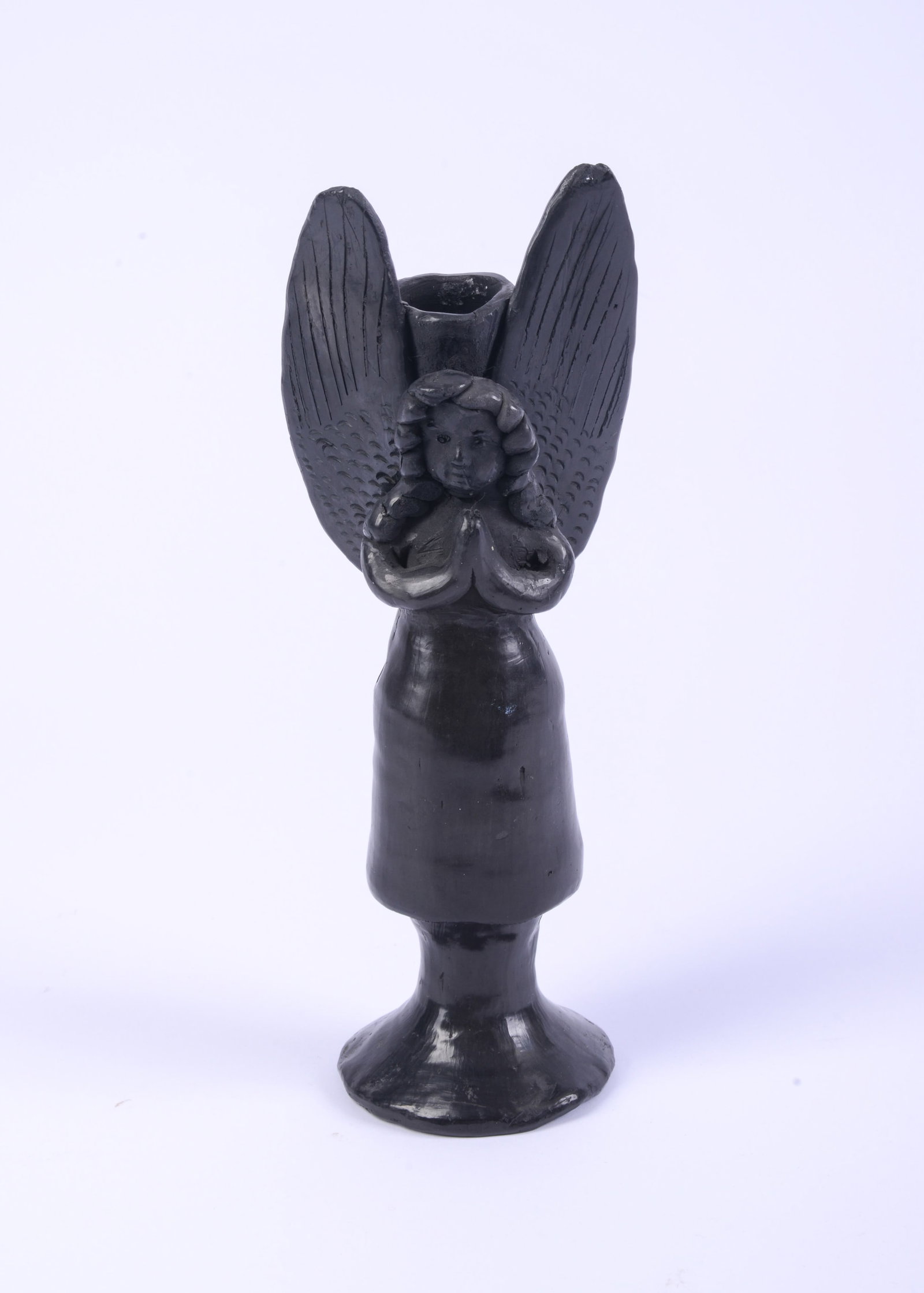 Oaxaca Mexico Black Pottery Angel Candleholder.: Height 9.25 inches.