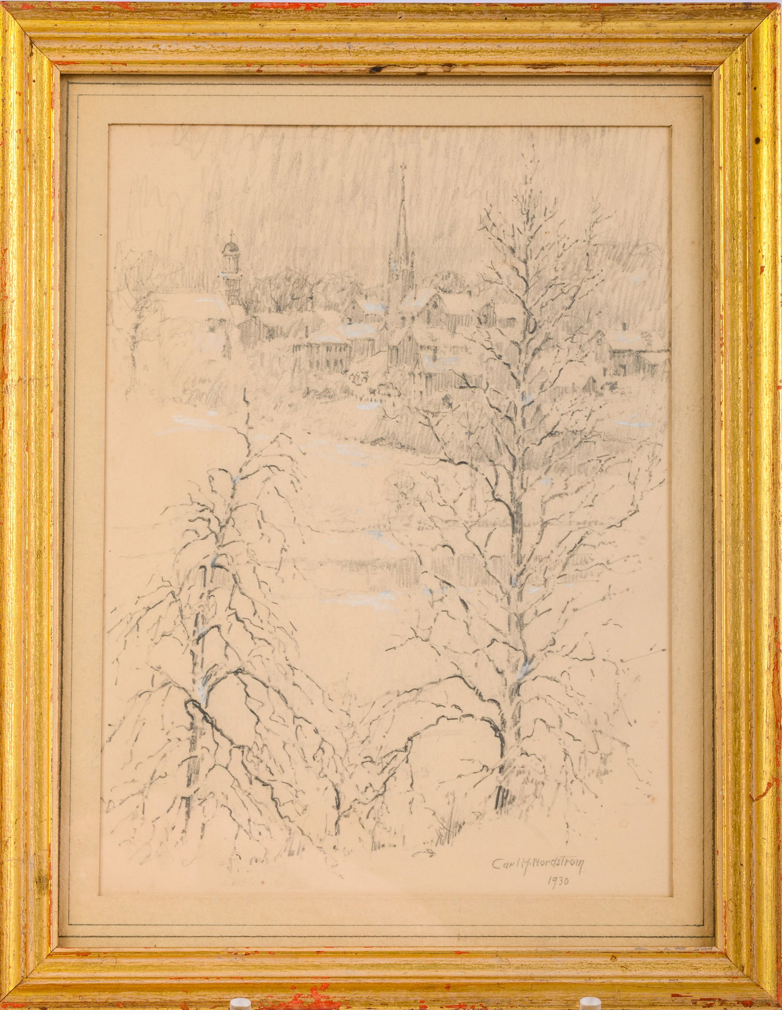 Carl H. Nordstrom (1876 - 1965 Mass) Pencil Drawing of a Town.: Signed & dated LR 1930. 7 x 9 1/2 Size, 9 1/2 x 12 Frame