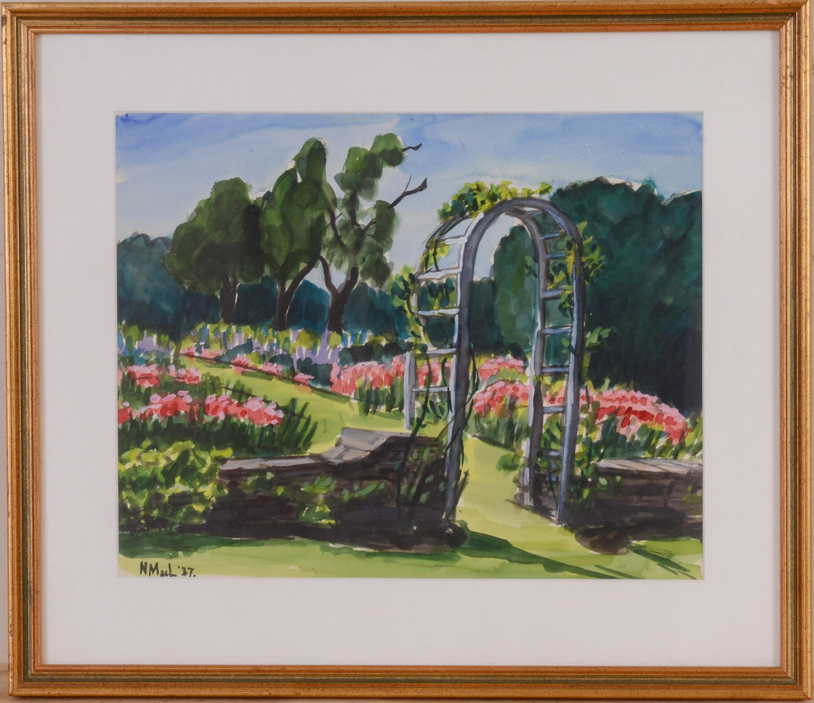 Watercolor of an Arbor.: Framed, 16.5 x 19 inches.