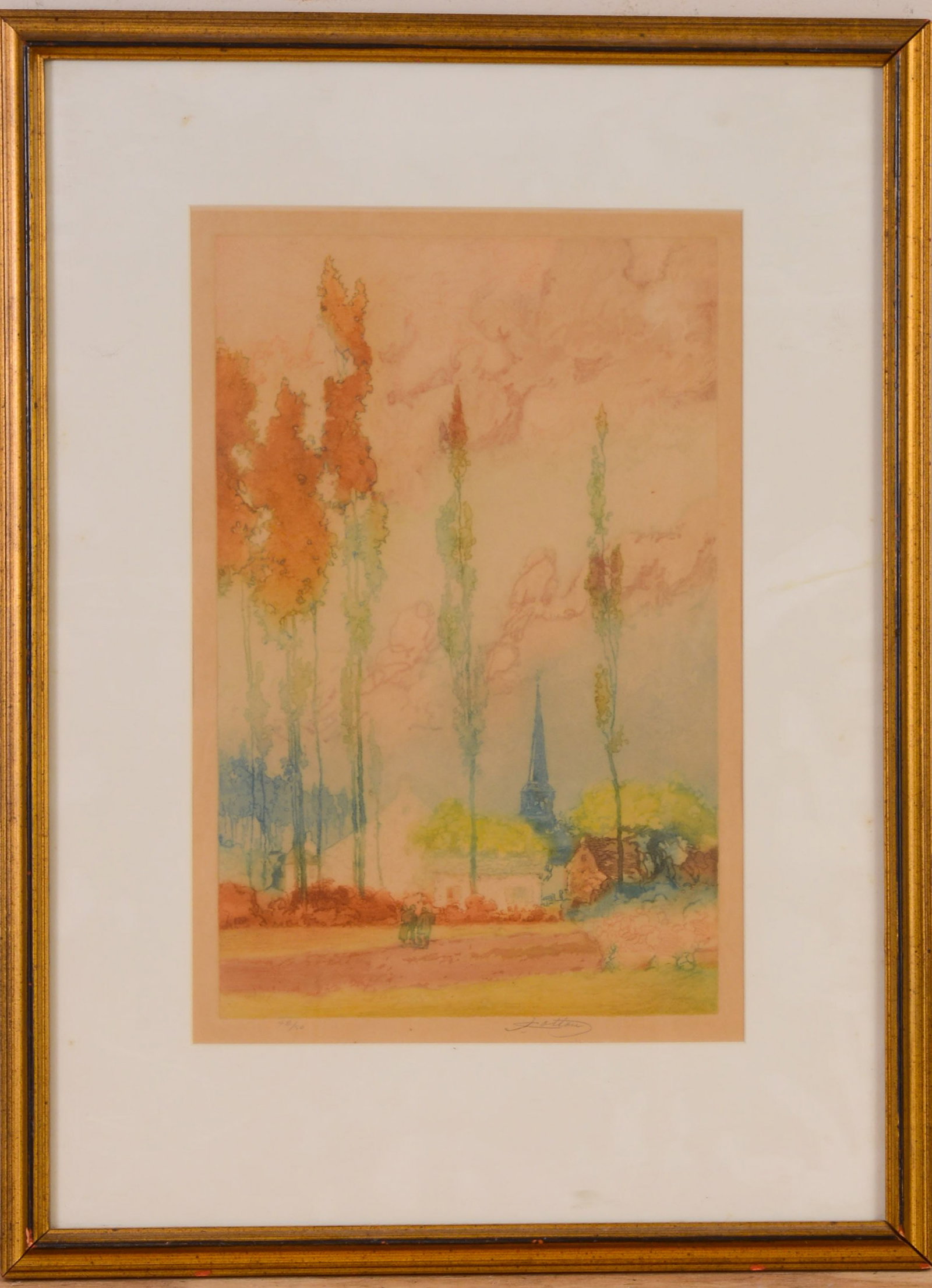Color Engraving: Figures and Cypress Trees.: Framed, 22 x 16.5 inches.