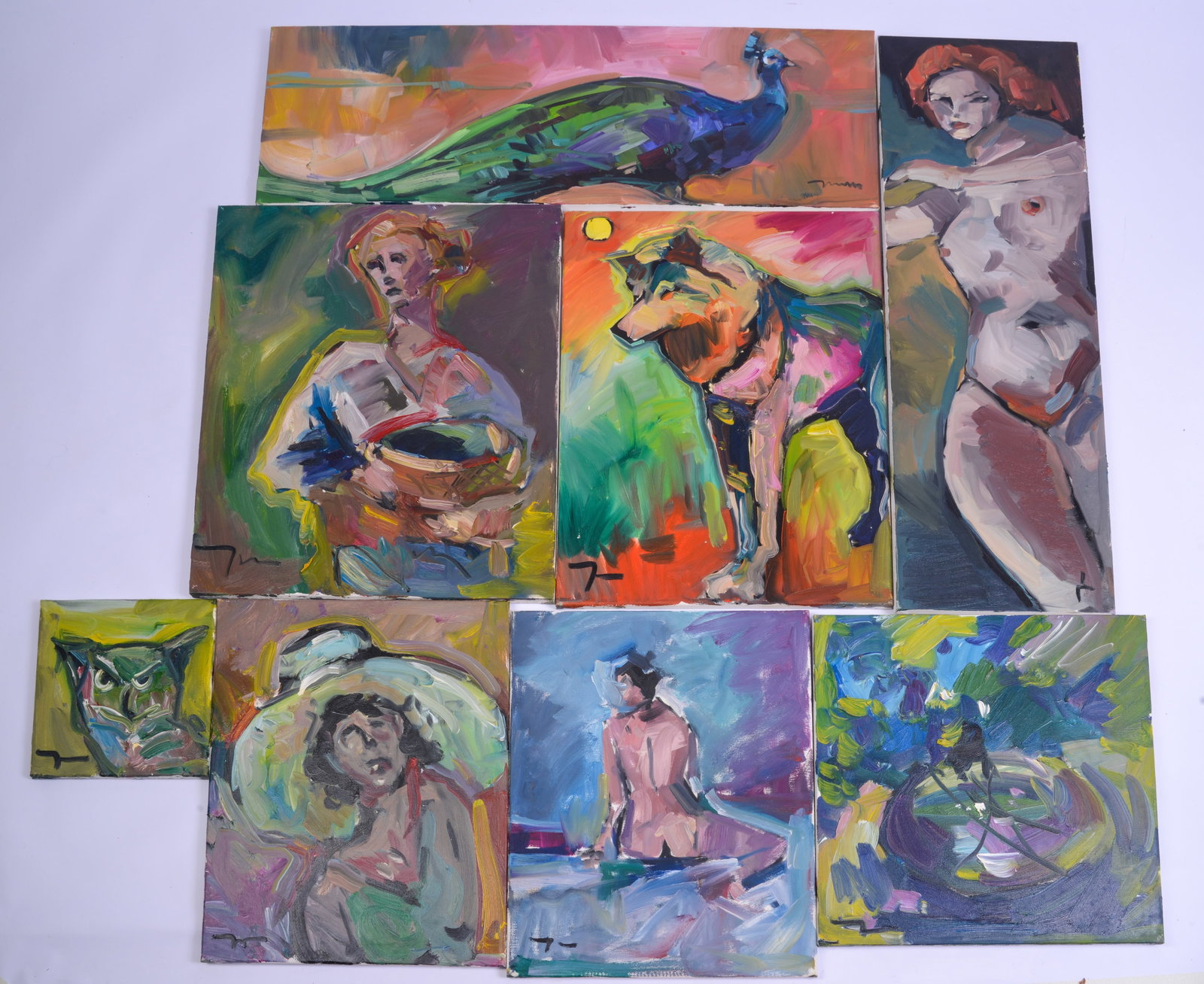 Jose Trujillo (b. 1982). Eight Paintings.: Oil on canvas, largest 36 x 12 inches.