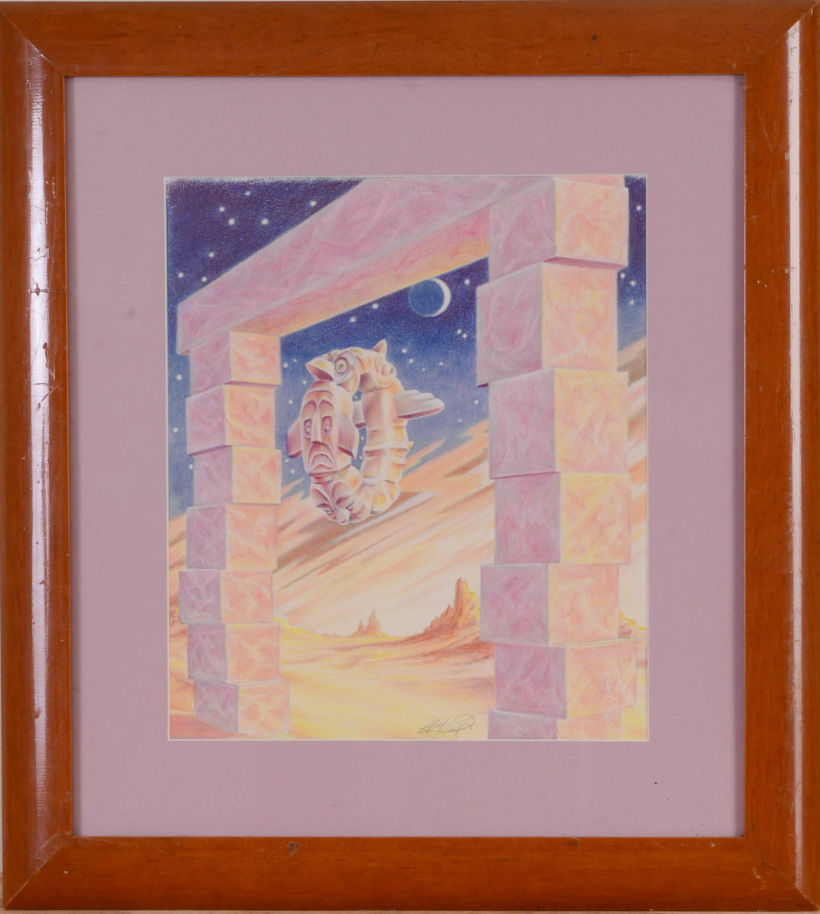 Surrealist Illustration.: Colored pencil on paper, 12.5 x 10.5 inches, sight. Framed, 21 x 19 inches.