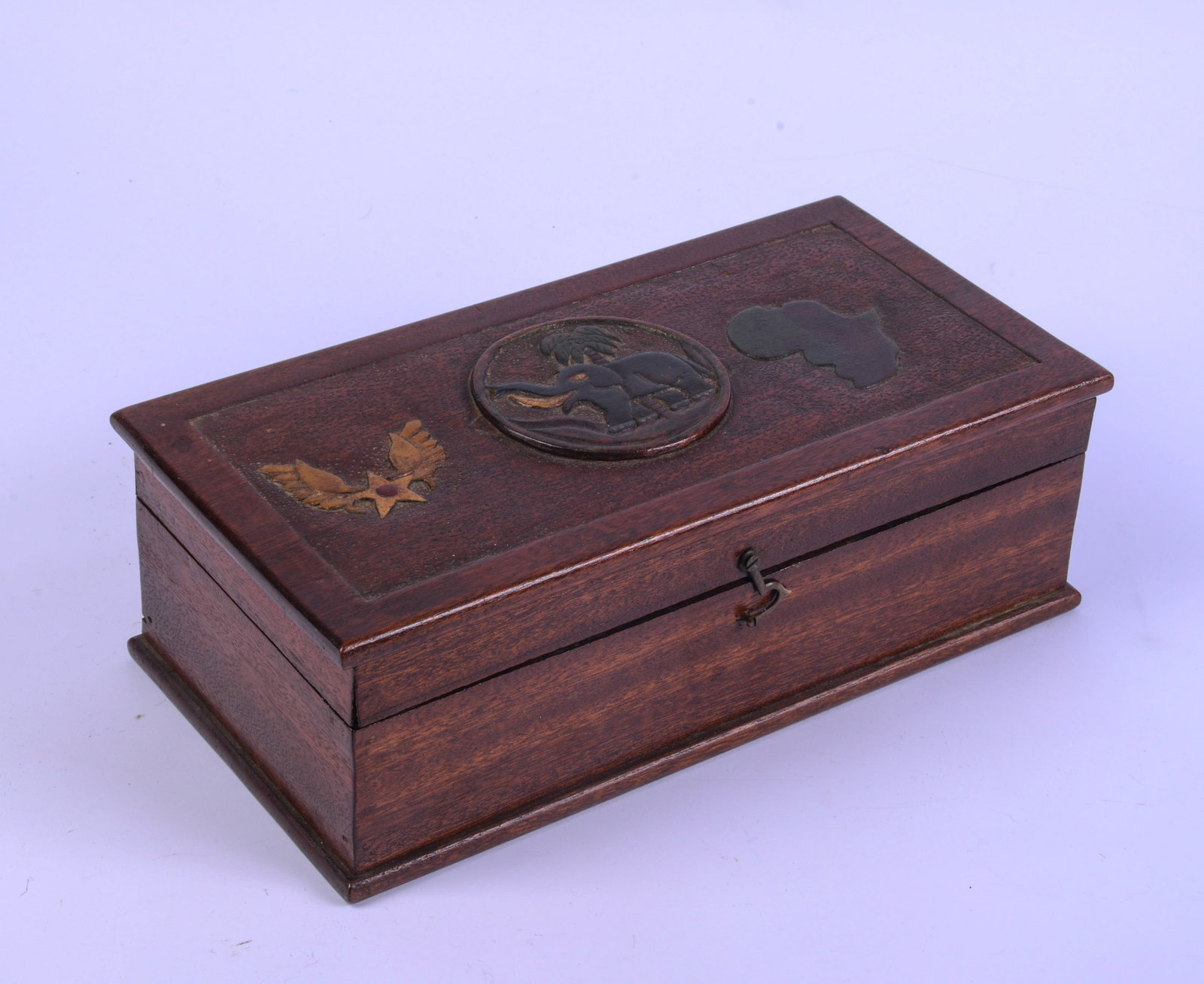 Carved wooden box with elephant.: 4 x 12 x 6 inches.