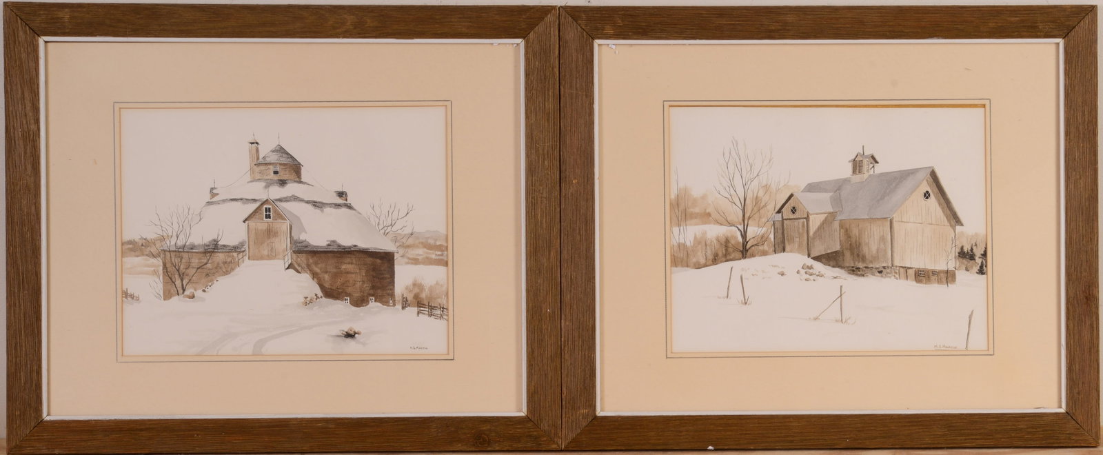 M.S. Martin. Two Winter Scenes.: Watercolor on paper, framed, 18.75 x 22.75 inches.
