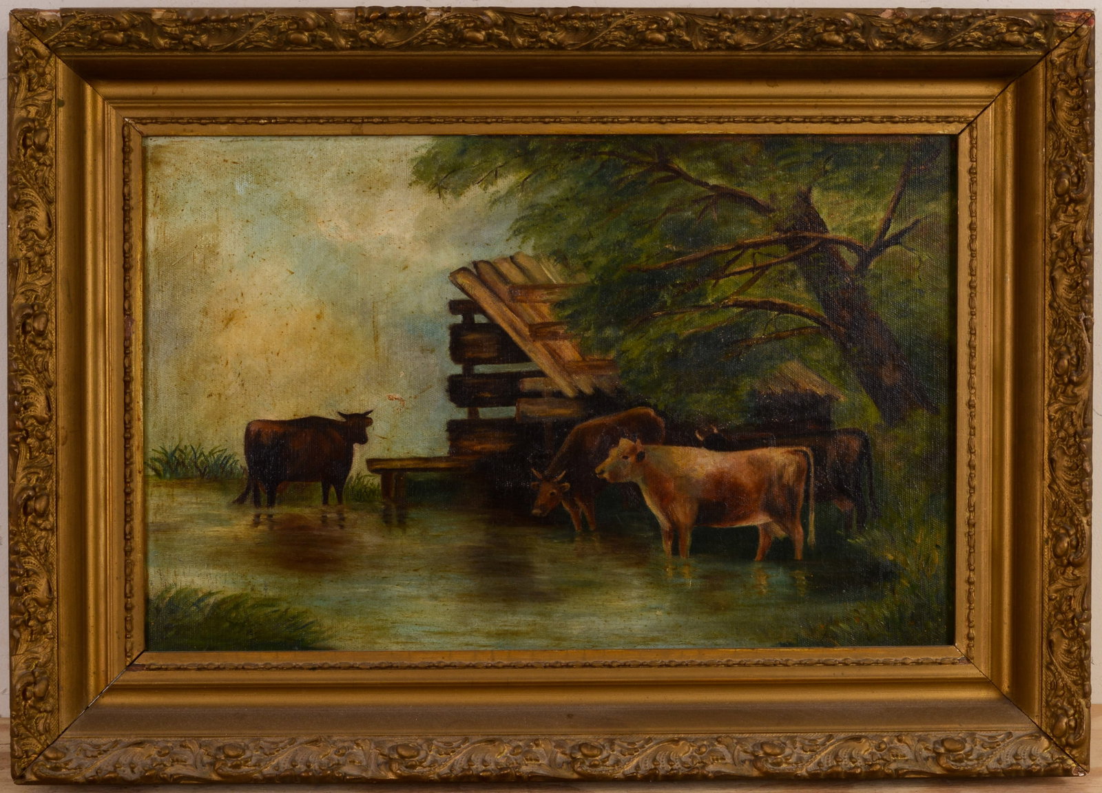 19th Century Painting With Cows.: Oil on canvas, 14 x 22 inches. In a period frame, 20 x 28 inches.