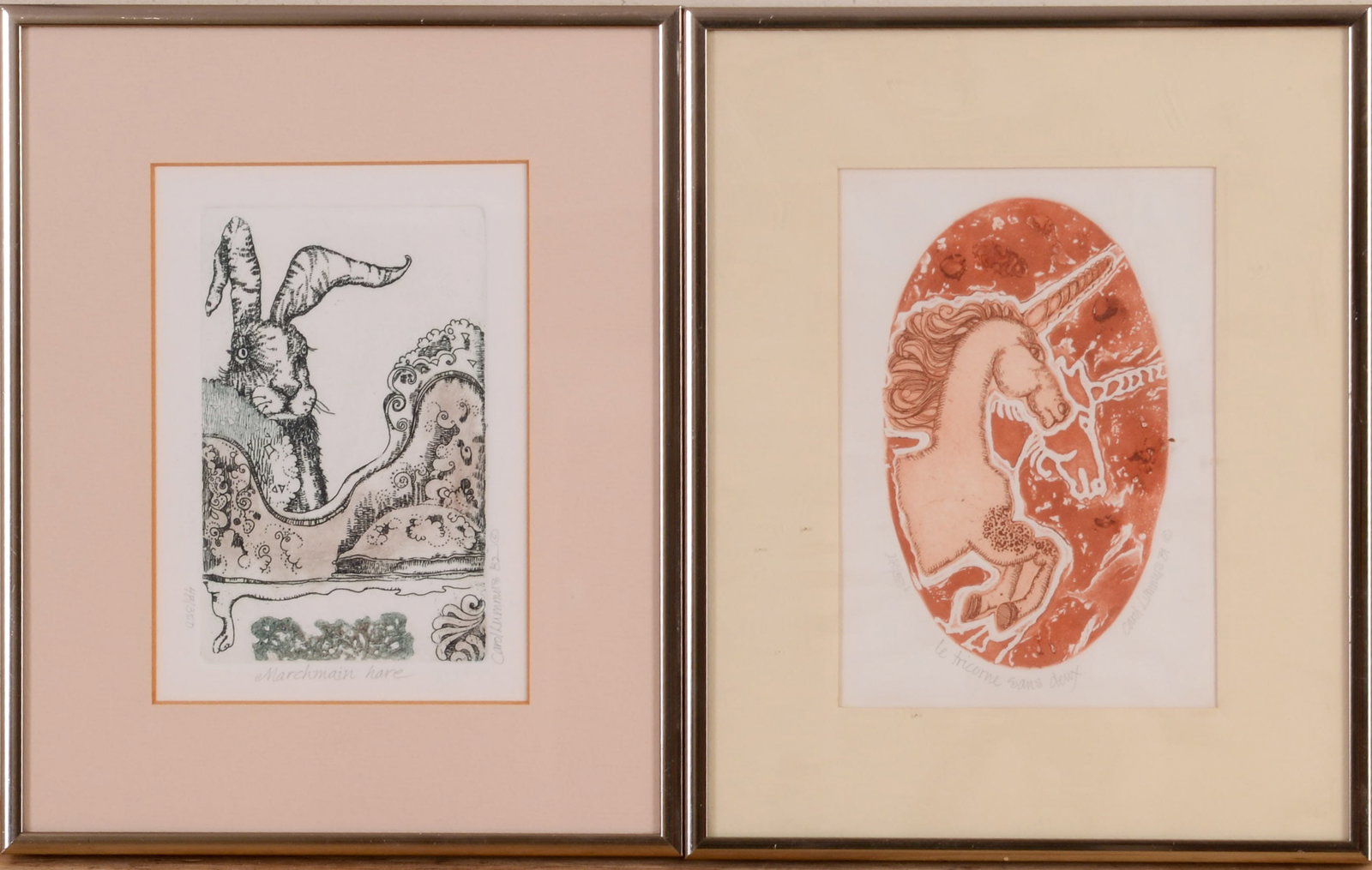 Carol Travers Lummus: Two Engravings.: Marchmain Hare and Le Tricorne Sans Deux. Each 6.5 x 4.5 inches, sight. Framed, 10 x 8 inches.